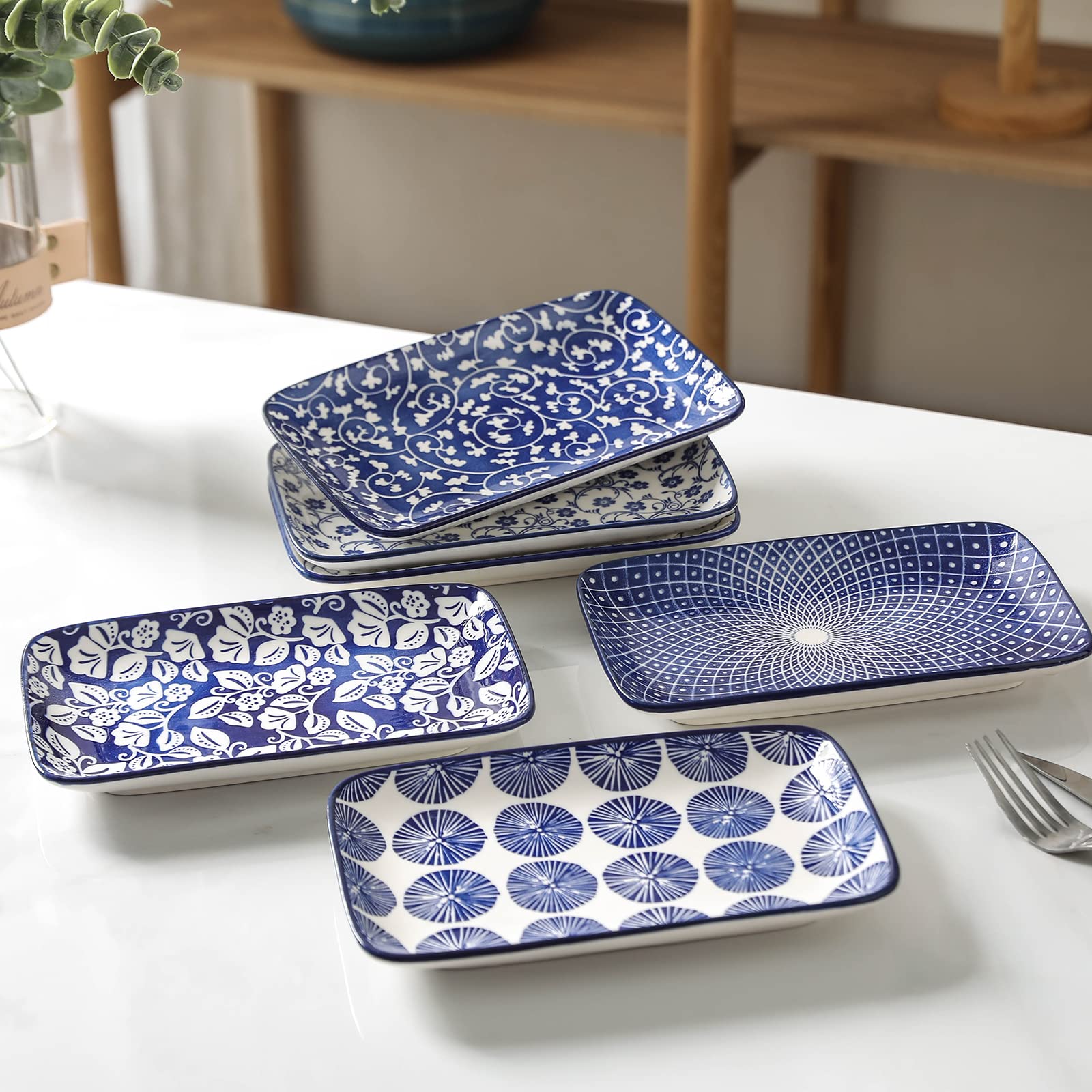 Selamica 8-Inch Rectangular Ceramic Plates - Set of 6 Vintage Blue Salad, Dinner, Pasta & Dessert Plates | Microwave, Oven & Dishwasher Safe | Perfect for Appetizers, Sushi, Fruits & Home Dining