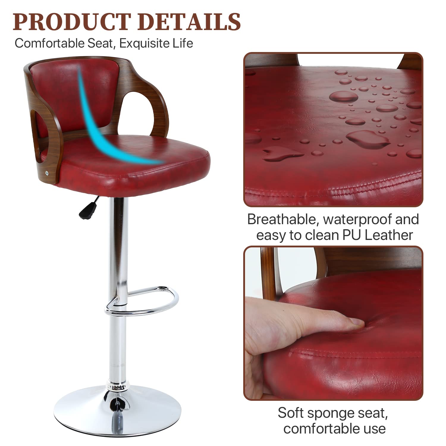 Dkelincs Adjustable Swivel Bar Stools Set of 2 - Counter Height Barstools with Backrest & Arms, Modern PU Leather Hydraulic Stool for Kitchen Island, Breakfast Bar & Dining Room - Red (Home & Commercial Use)