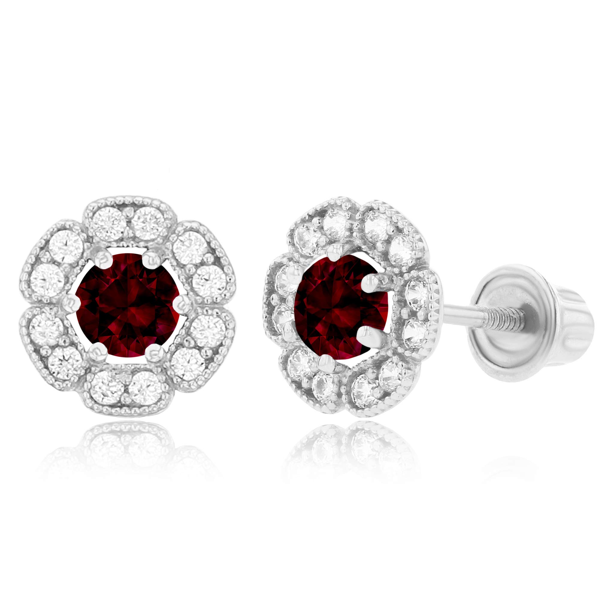 14K Solid Gold 6mm Natural Birthstone Flower Screwback Stud Earrings for Women | 7mm Round Birthstone | 1mm Created White Sapphire Floral Earrings | Perfect for Birthdays, Anniversaries & Everyday Elegance