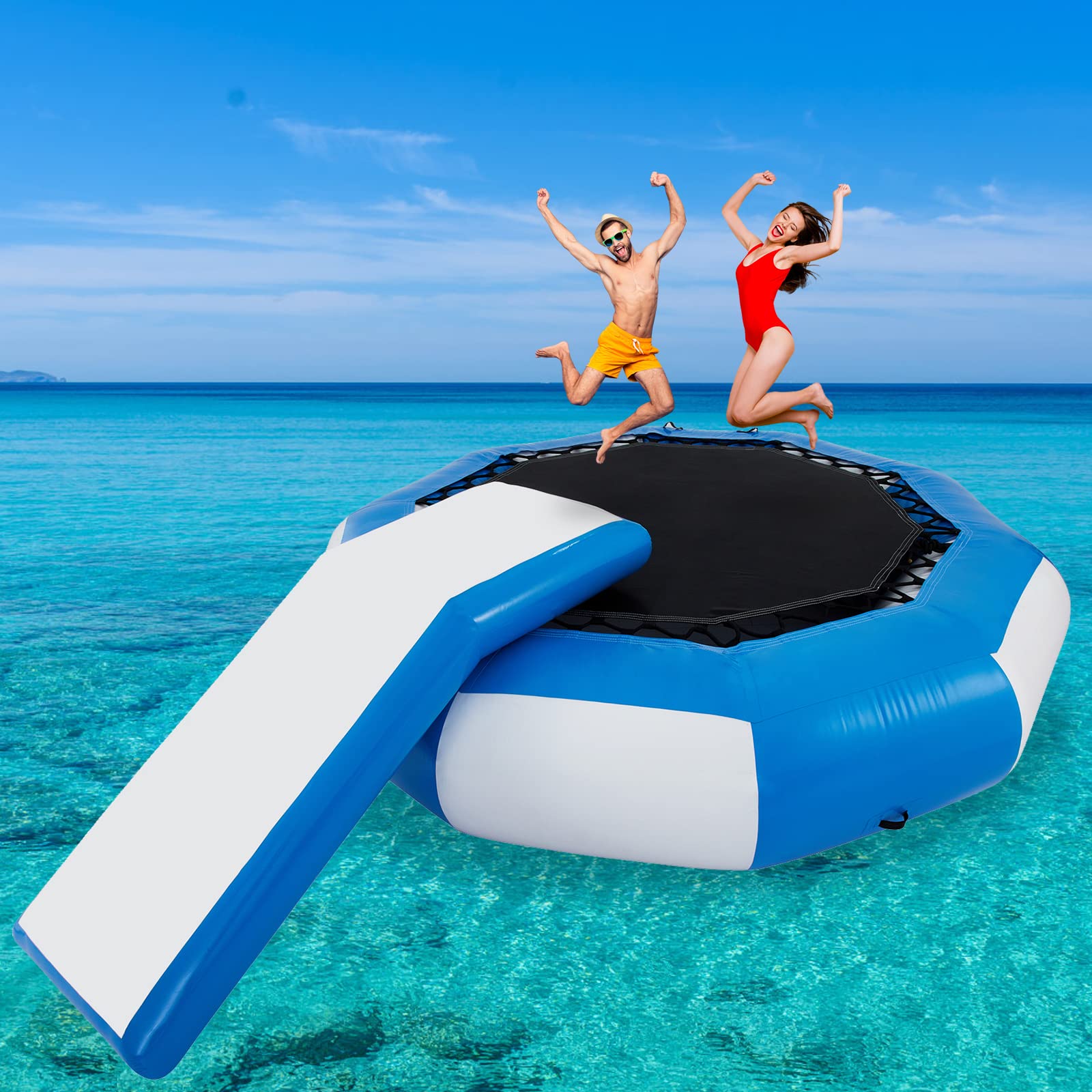 HappyBuy Inflatable Water Trampoline with Ladder - Blue & White Round Bouncer for Pool, Lake & Backyard Fun - Perfect for Summer Water Sports, Kids Play & Family Outdoor Activities