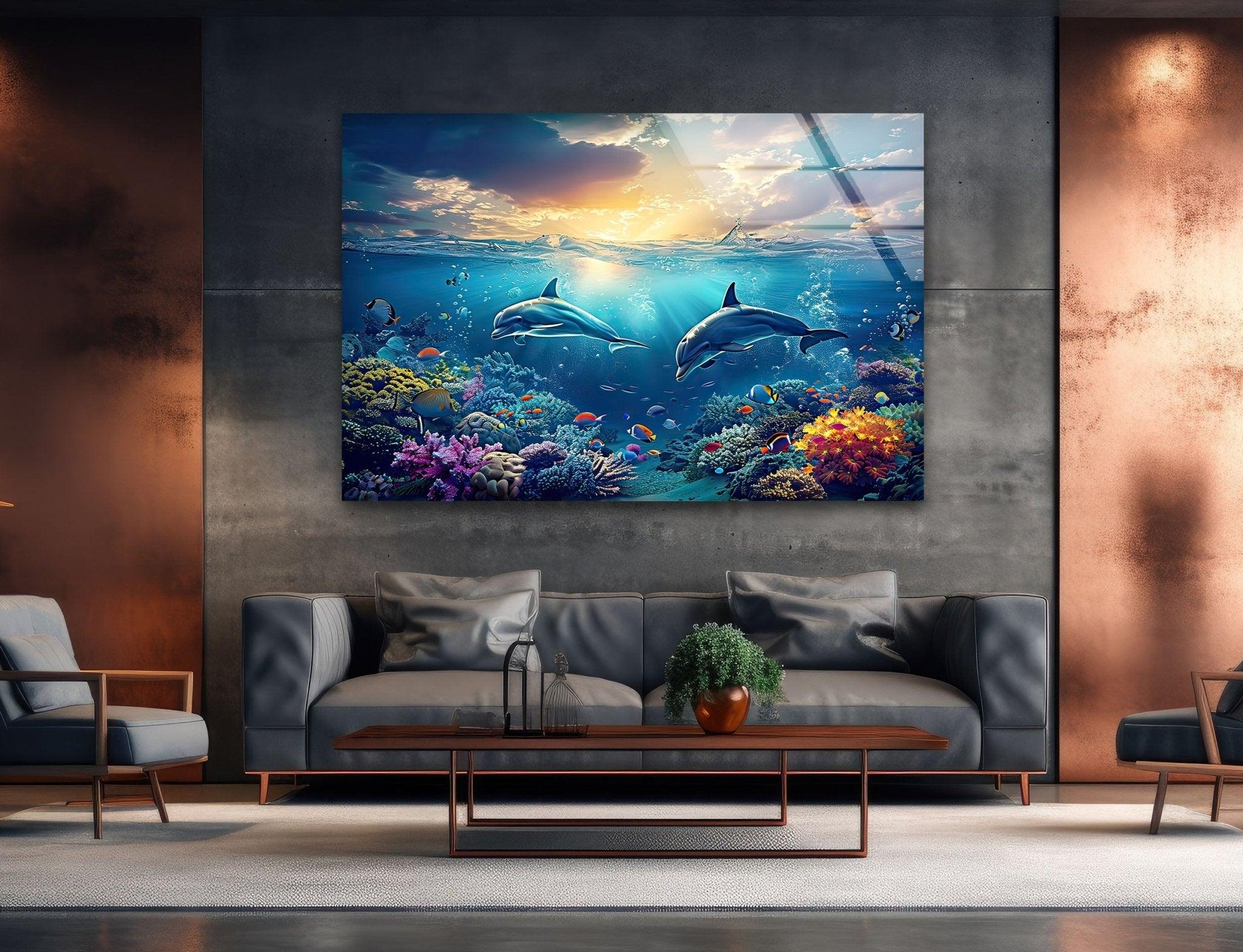 Stunning Dark Blue Dolphins Glass Wall Art - Handmade Ocean Themed Decor for Living Room, Bedroom & Office