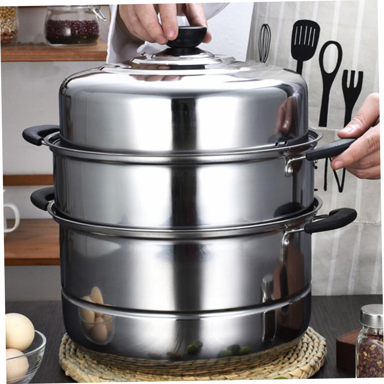 DOITOOL 3-Layer Stainless Steel Steamer Pot - Stackable Steaming Pot for Soup, Vegetables & Seafood | Durable Home Cookware for Healthy Cooking & Meal Prep