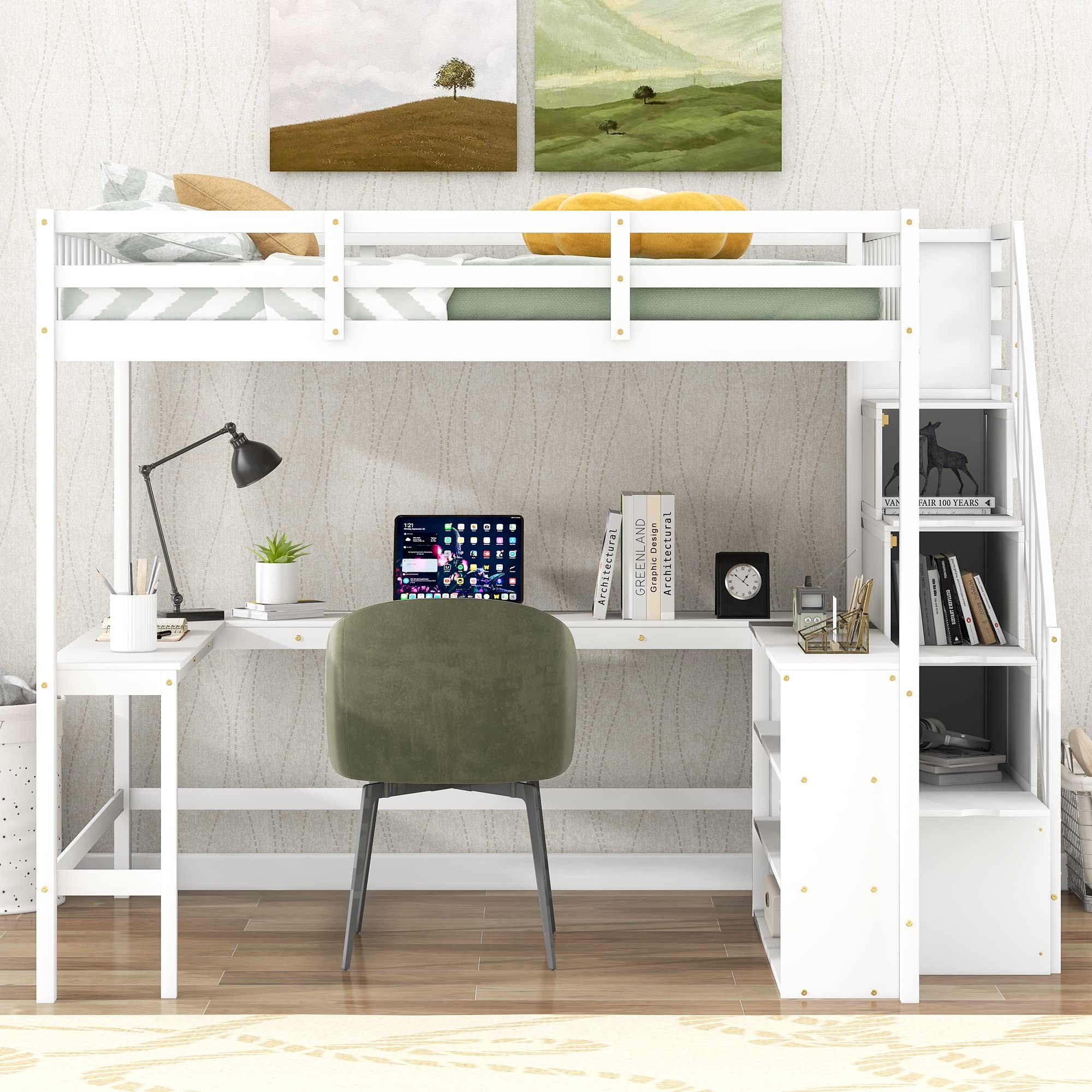 Full Size Loft Bed with L-Shaped Desk, Stairs & Storage Shelves - Space Saving Wooden Loft Bed Frame for Adults & Kids - Sturdy, Noise-Free White Loft Bed for Small Bedrooms, Dorms & Home Offices