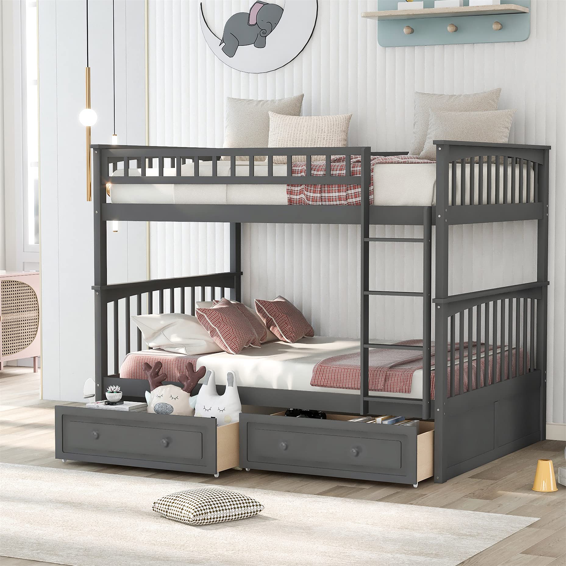 Harper & Bright Designs Full Over Full Wooden Bunk Bed with Safety Rail & Ladder - Kids & Teens Bunk Bed with 2 Storage Drawers - Sturdy Bed Frame for Bedroom, Guest Room & Small Spaces (Grey)
