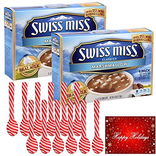 Swiss Miss Hot Chocolate Mix with Marshmallows - 12 Packets & 12 Peppermint Candy Cane Spoons + Free Gift Card Tag (Pack of 10) | Perfect for Winter Holidays, Christmas Gifts & Cozy Family Moments