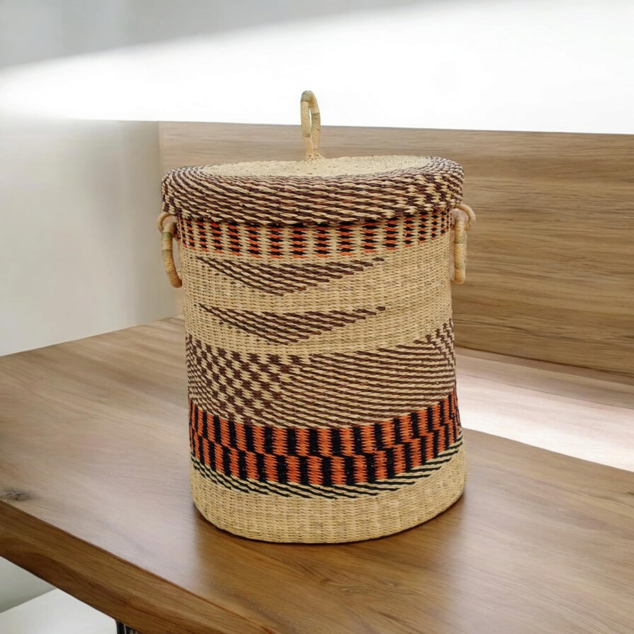 Large African Woven Laundry Basket with Lid - Rattan Storage Hamper for Clothes, Towels, Sheets & Blankets | Ghana Handwoven Basket for Bedroom, Bathroom & Home Organization
