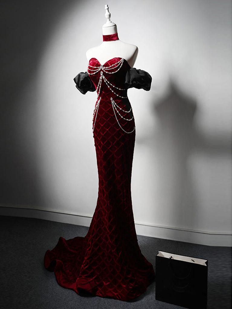 Elegant Burgundy Velvet Mermaid Sweetheart Neck Long Prom Dress with Beaded Details - Perfect for Homecoming, Formal Dances & Special Occasions