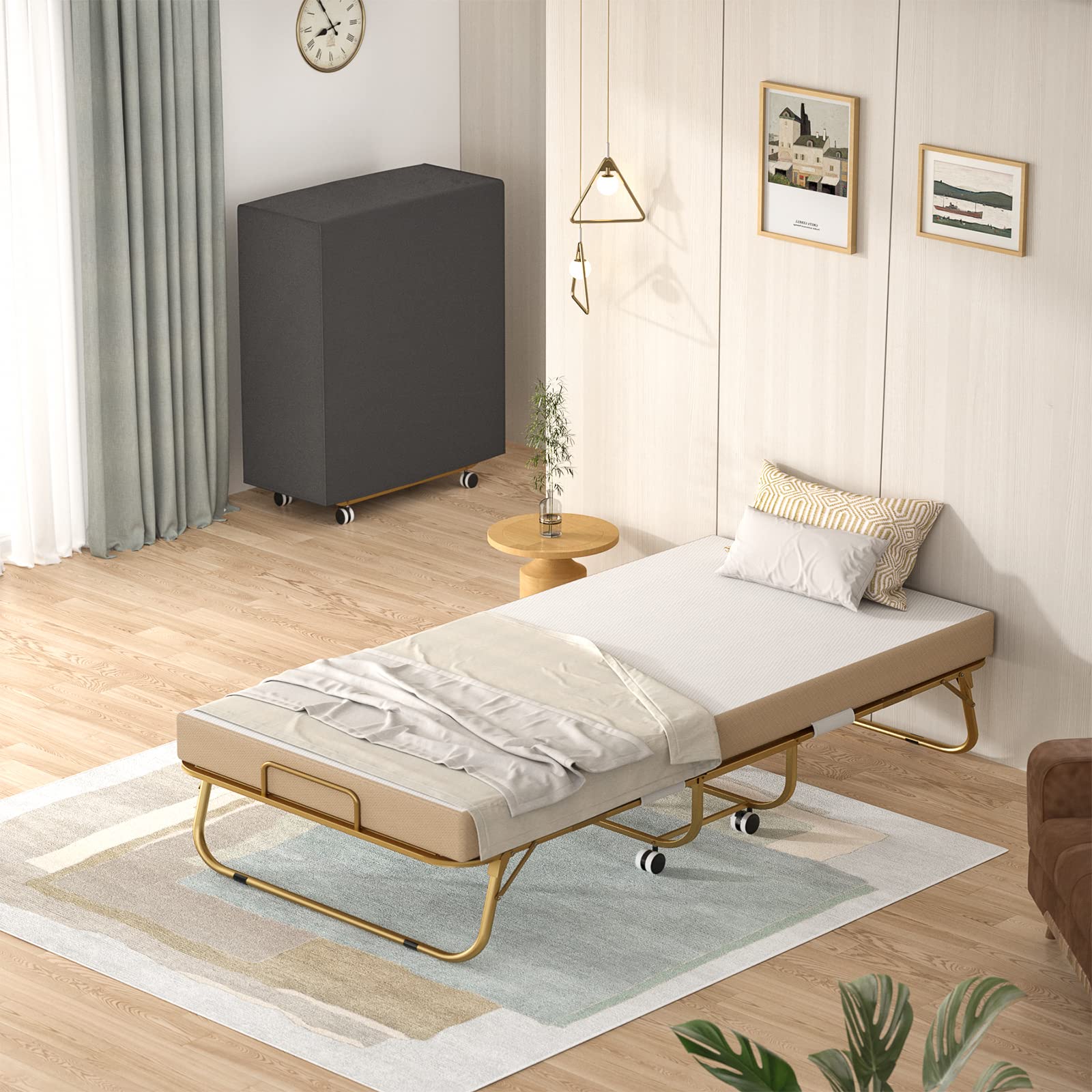Homieasy Folding Bed with Memory Foam Mattress - Portable Rollaway Guest Bed for Adults, 75” x 31” Cot Size with Metal Frame & Storage Cover - Gold Luxury Wheels | Perfect for Spare Rooms, Camping & Office Naps