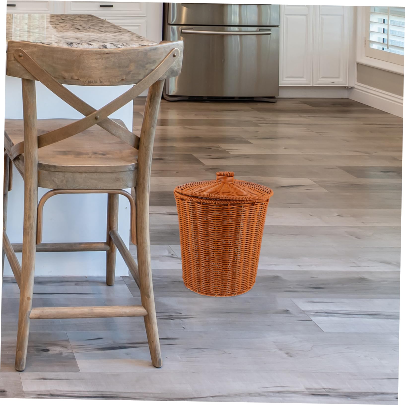 HEMOTON Small Woven Trash Can with Lid - Plastic Wicker Waste Basket for Bathroom, Bedroom, Office & Laundry | Stylish Storage Bin for Home & Office Organization