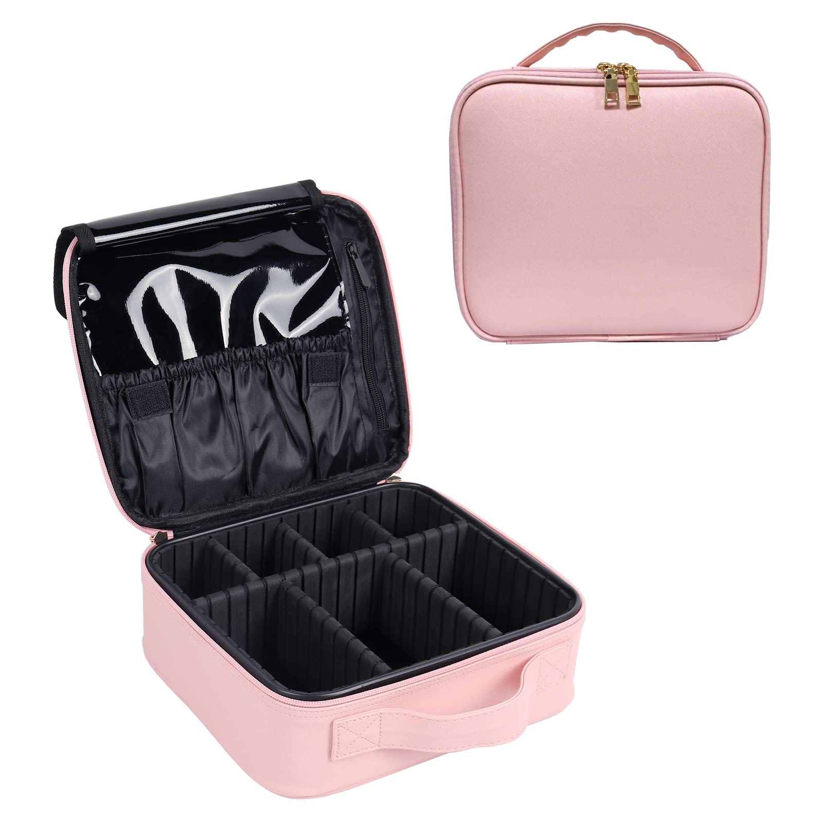 Professional Travel Makeup Bag with Adjustable Dividers - Cosmetic Train Case Organizer for Brushes, Jewelry & Toiletries (Pink) | Perfect for Makeup Artists, Travelers & Beauty Enthusiasts