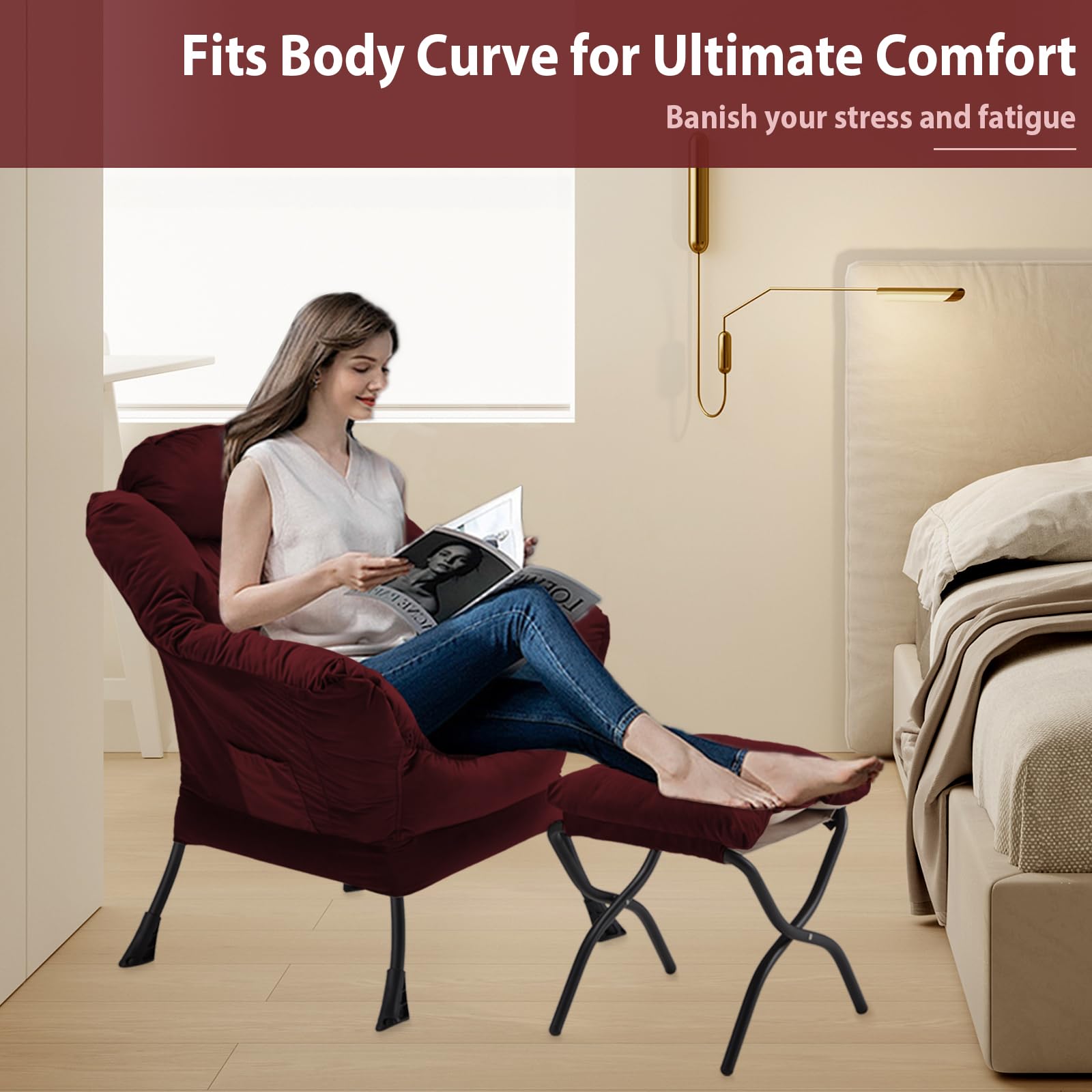 Velvet Upholstered Lazy Chair with Folding Ottoman - Modern Accent Armchair with Metal Frame, Non-Slip Pads & Side Storage Pocket - Comfortable Footrest Sofa for Living Room, Bedroom, Office & Dorm - Burgundy