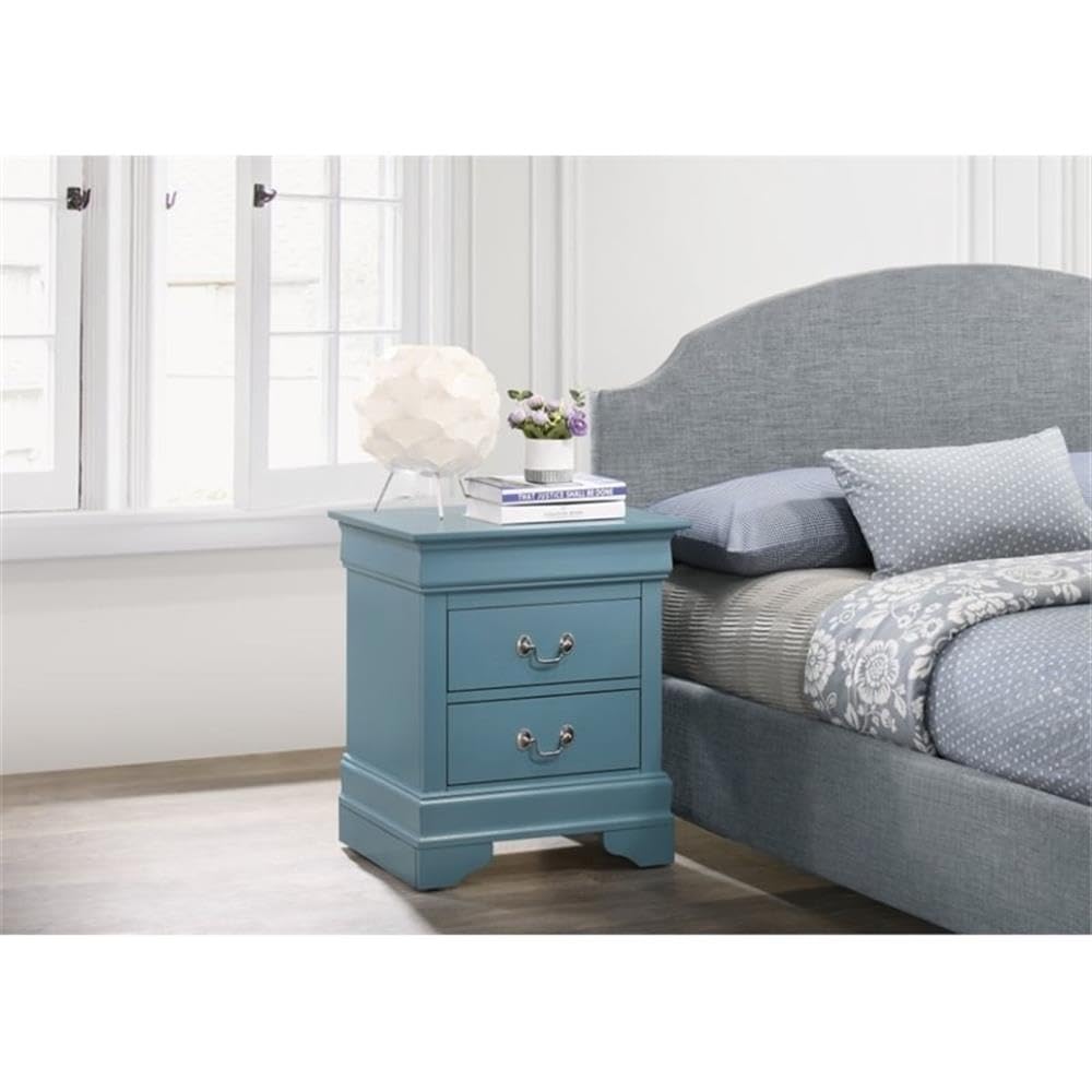 Glory Furniture Louis Phillipe 2-Drawer Nightstand in Teal Blue - Modern Bedside Table for Bedroom Decor & Storage