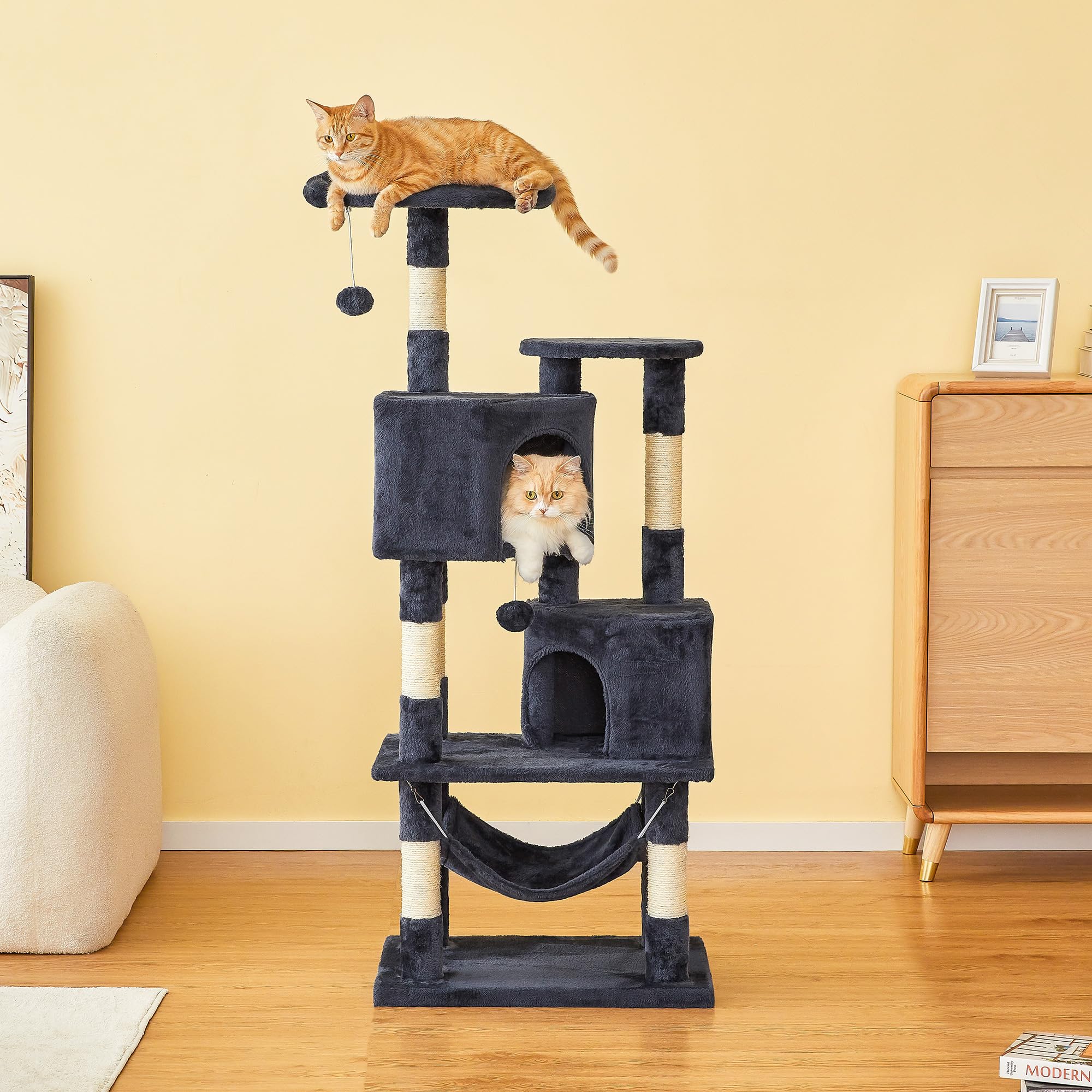 Premium Multi-Level Cat Tree for Indoor Cats - Tall Cat Tower with Condos, Sisal Scratching Posts & Hammock | Dangling Toys & Top Perch for Large Cats & Kittens | Smoky Grey | Perfect for Play, Rest & Climbing in Home or Apartment