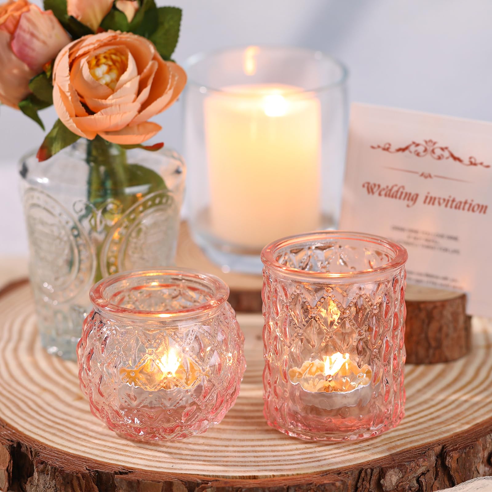 24-Pack Pink Glass Votive Candle Holders - Round Flameless LED Tea Light Holders for Weddings, Parties, Home Decor - Perfect for Romantic Centerpieces, Table Settings & Holiday Decorations