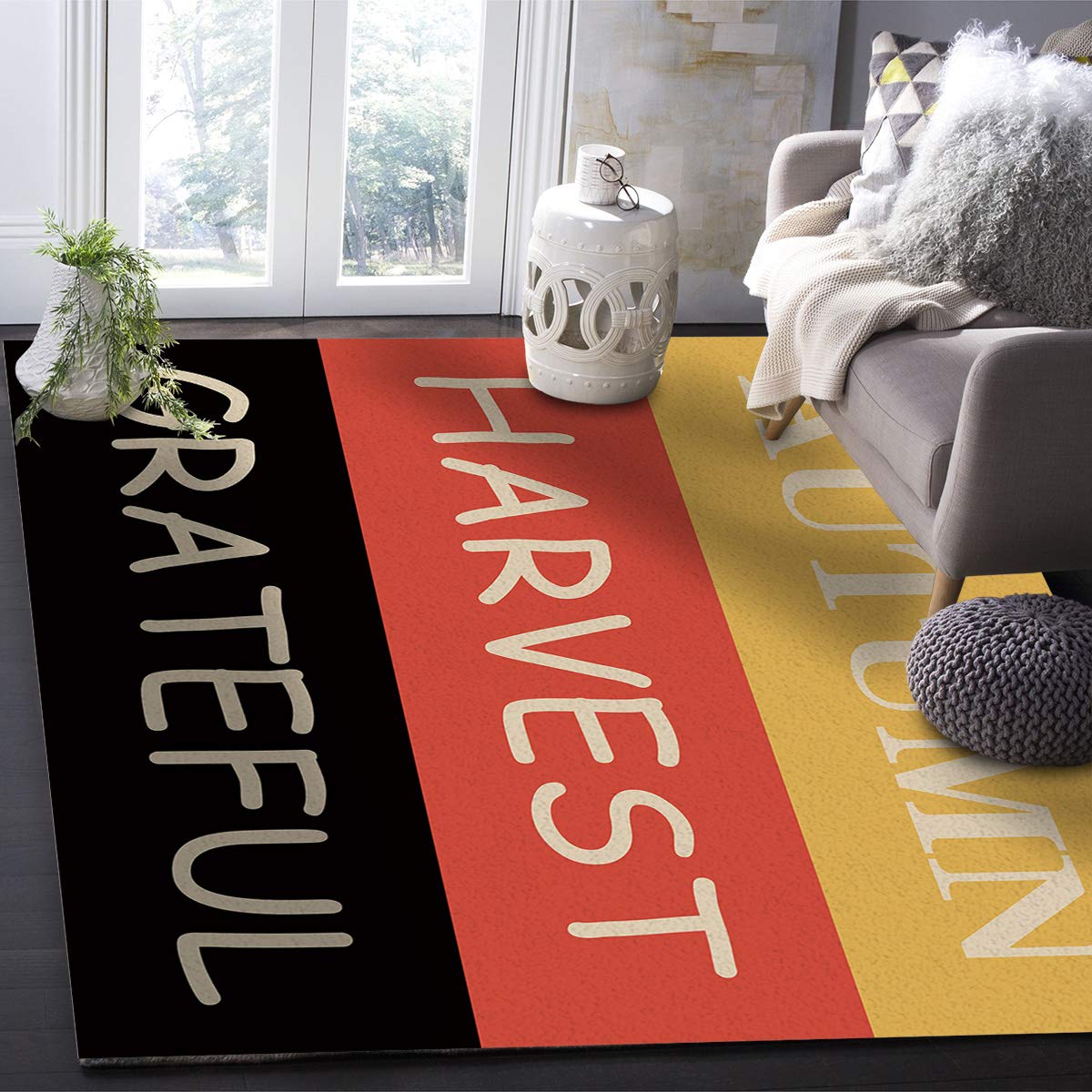 5' x 8' Large Area Rugs for Living Room & Bedroom - Autumn Harvest Striped Throw Carpet with Yellow Red Black Design - Non-Slip Nursery Rug for Kids - Perfect for Home Decor, Dorm & Office Floor Covering