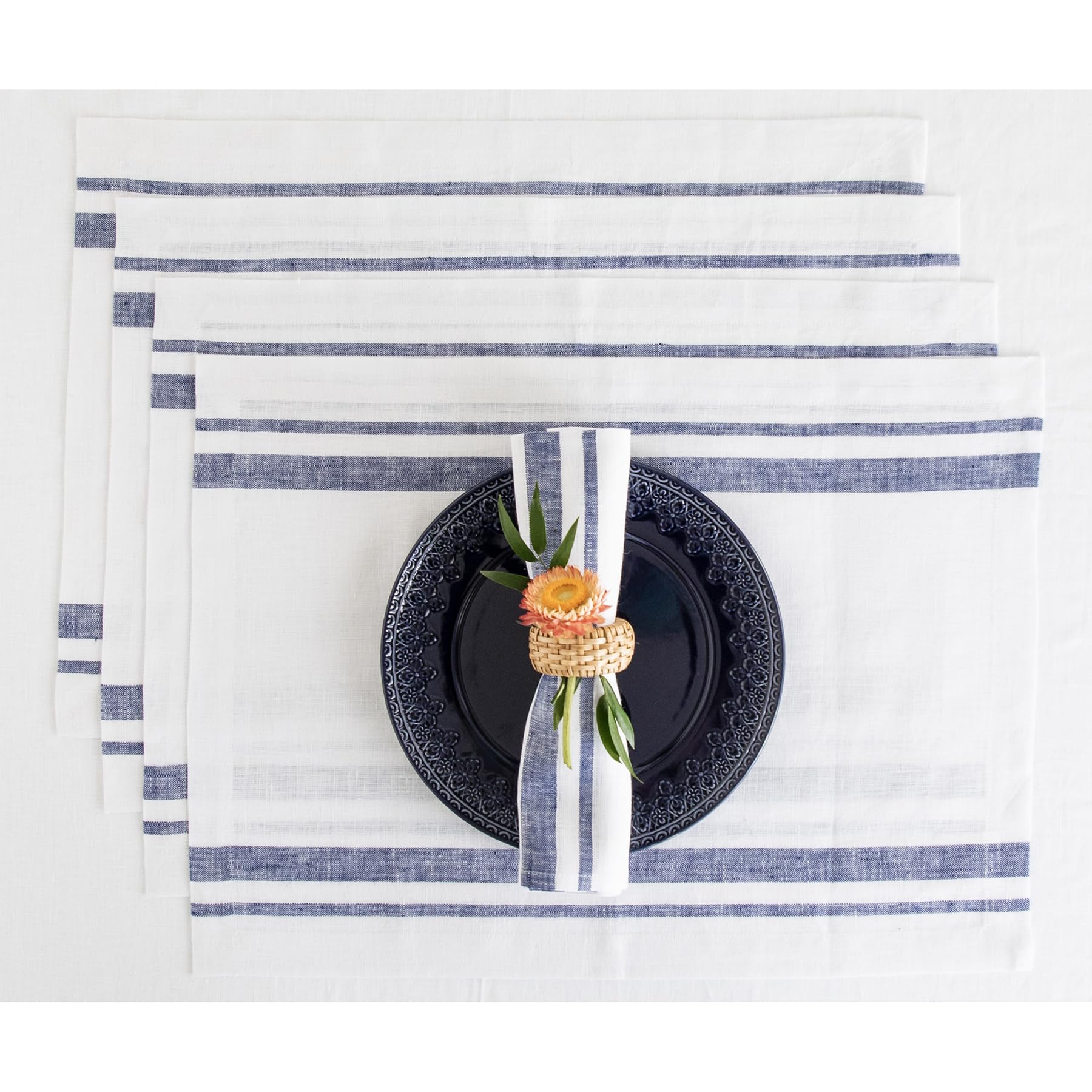 Solino Home French Stripe Linen Placemats Set of 4 - 14x19 Inch 100% Pure Linen Navy & White Washable Table Mats - Elegant Dining Decor for Spring, Mother's Day, Easter & Everyday Use
