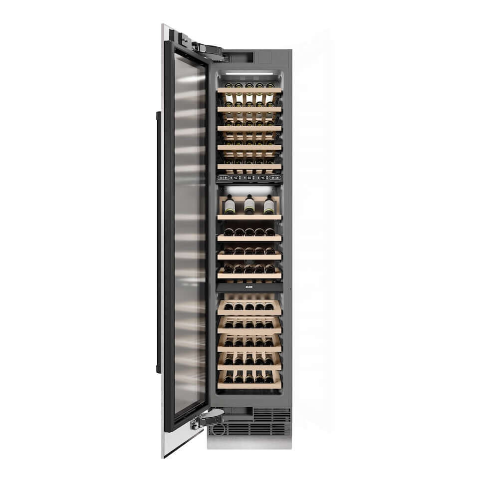 ZLINE Autograph Edition 18-Inch 9.0 cu ft Triple Zone 68-Bottle Left Hinge Wine Cooler - Satin Stainless Steel with Matte Black Accents (RCWVLZ SN 18 MB) - Perfect for Home Bars, Wine Cellars, and Entertaining Spaces