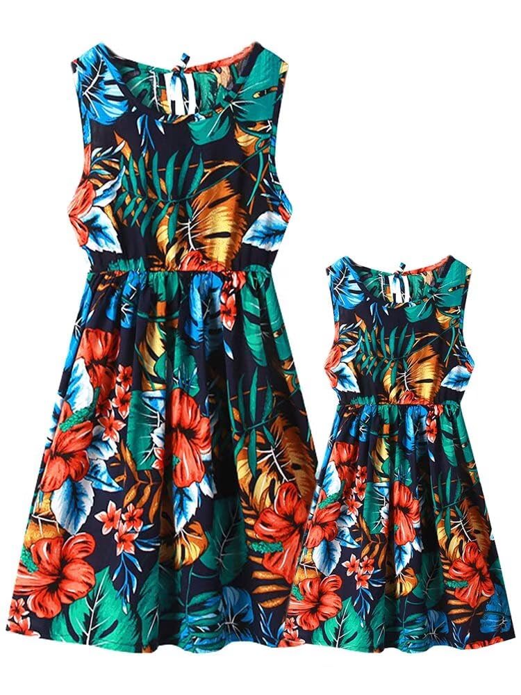 SHOOYING Mommy and Me Matching Dresses - Sleeveless Floral Print Hawaiian Beach Midi Dress Set for Women & Girls | Perfect for Family Photos, Vacations, and Summer Outings