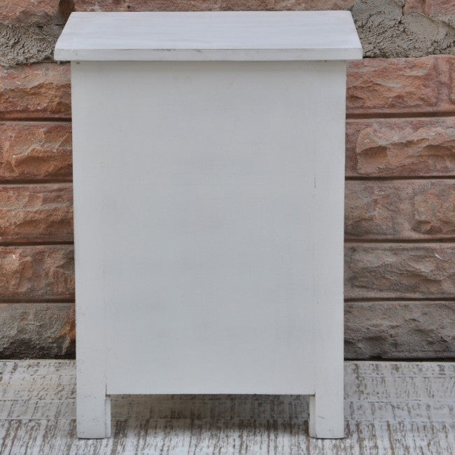 Hand Carved Solid Wood Bedside Table - Natural White Finish Nightstand with Drawer for Bedroom, Living Room & Office Furniture