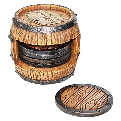 5-Piece Whiskey Barrel Drink Coasters Set - Unique Bar Decor & Accessories for Beer, Wine & Cocktails - Rustic Home Decor for Dining Room, Kitchen & Man Cave - Perfect for Parties, Gifts & Modern House Decor