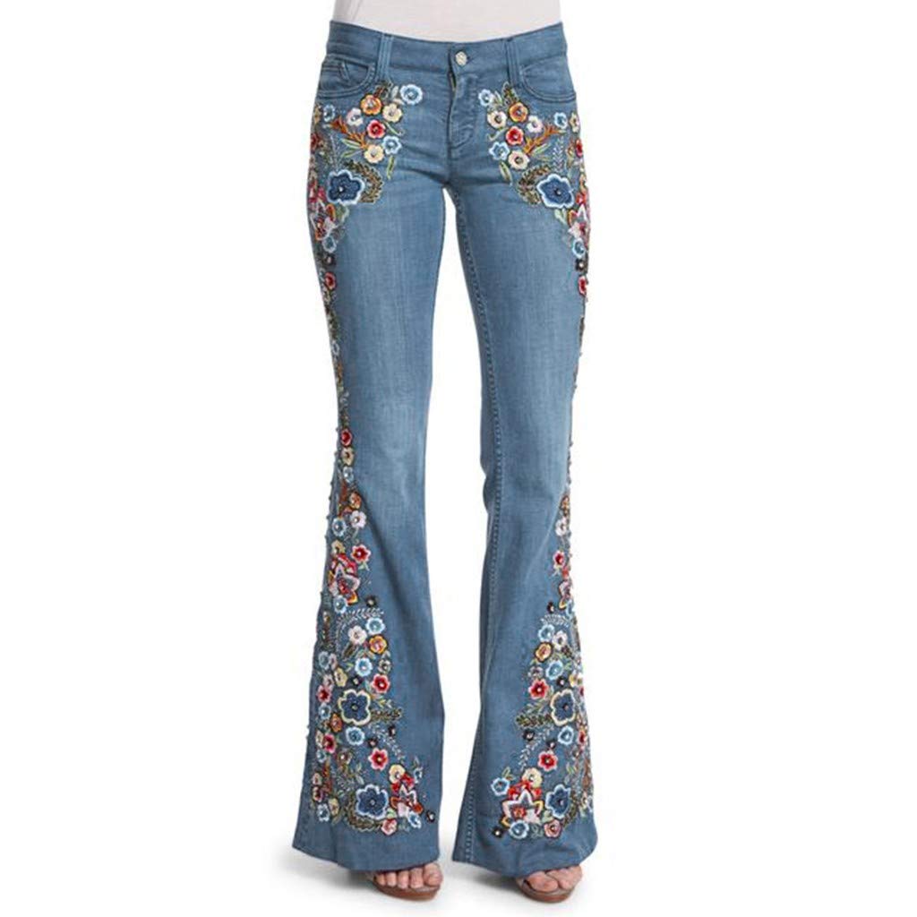 Women's Boho Floral Embroidered Flare Jeans - Long Bell Bottom Wide Leg Pants for Plus Size XS-4XL | Casual Outfit, Festival Fashion, Vintage Style Denim for Everyday Wear