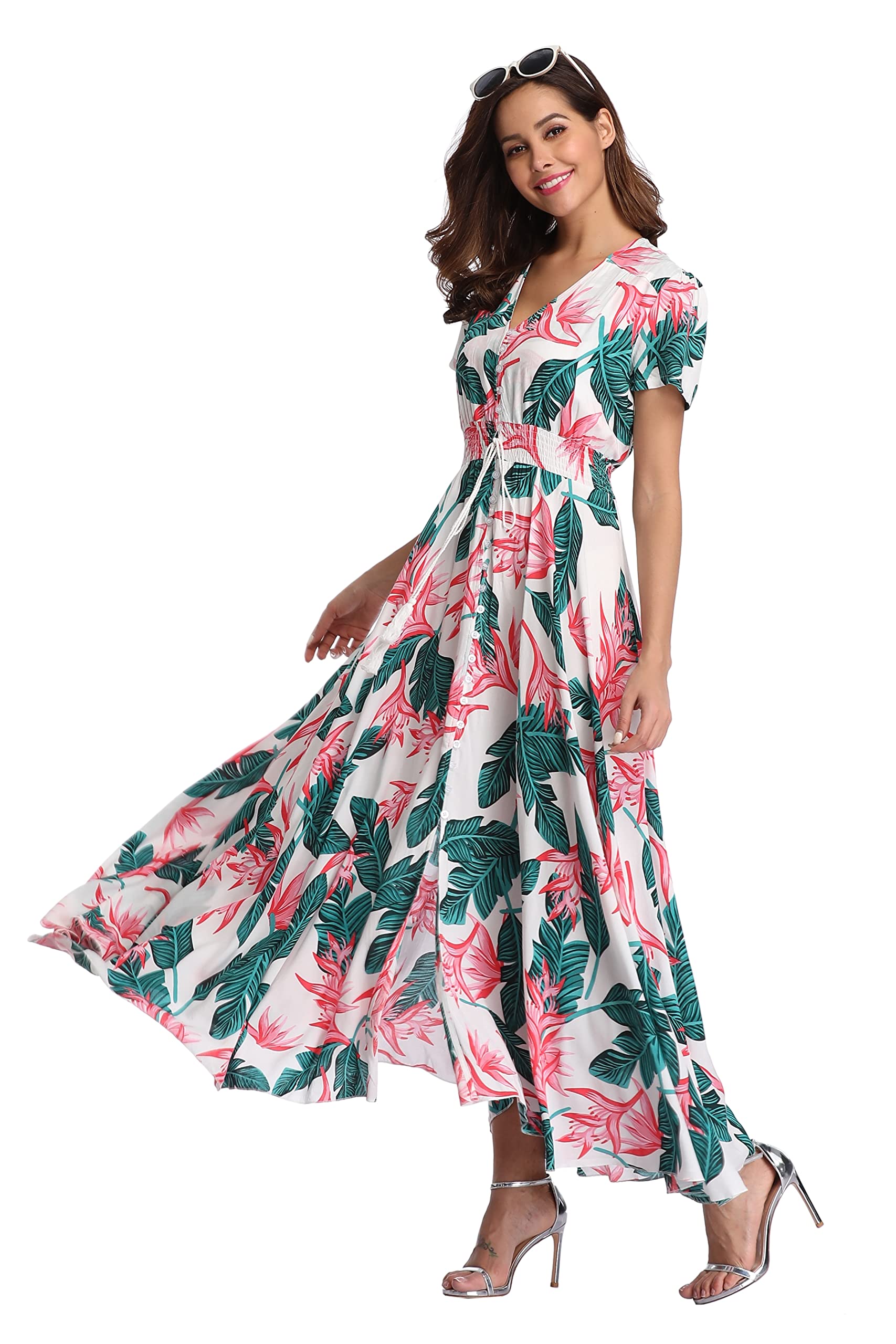 Boho Floral Maxi Dress for Women - Summer Button Up Long Dress with Side Slit & Flowy Skirt - Perfect for Beach Parties, Vacations & Casual Outings