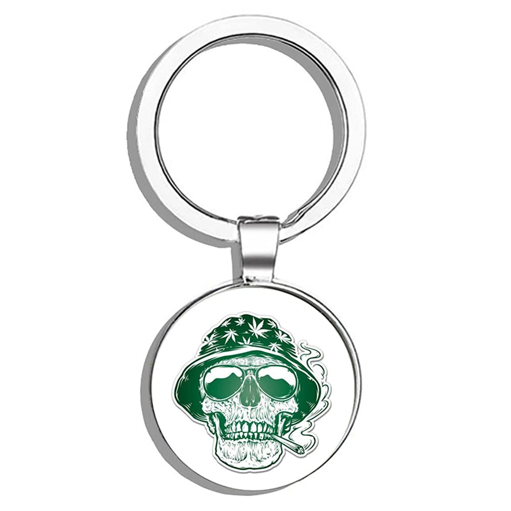 Skull Keychain for Pot Smokers - Hippie Stoner Metal Key Ring with Round Design - Perfect for Cannabis Enthusiasts, Gift Ideas & Key Organization