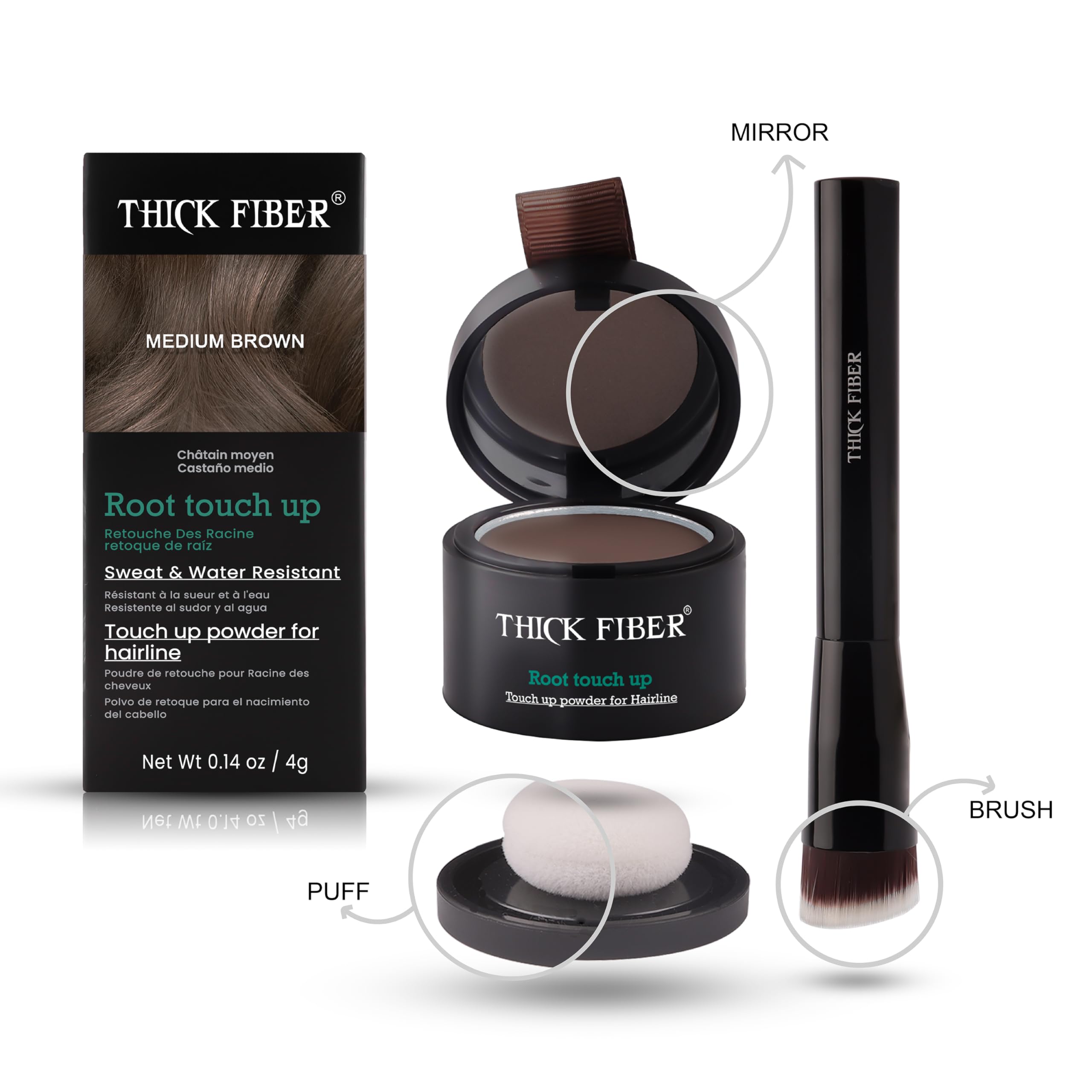 THICK FIBER Root Touch Up Powder - Water & Sweat Resistant Hair Loss Concealer for Thin Hair & Thinning Hairlines | Includes Brush (Medium Brown) | Perfect for Daily Use, Travel & Quick Hair Touch-Ups