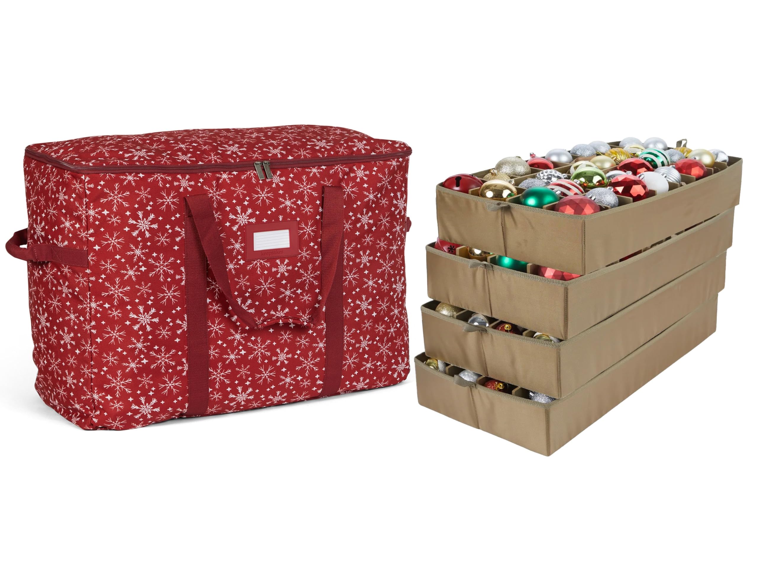 Covermates Keepsakes Adjustable Christmas Ornament Storage Bag with Handles - Padded Protection for Holiday Decorations (Red Snowflake Design) | Perfect for Xmas Tree Ornament Organization & Seasonal Storage