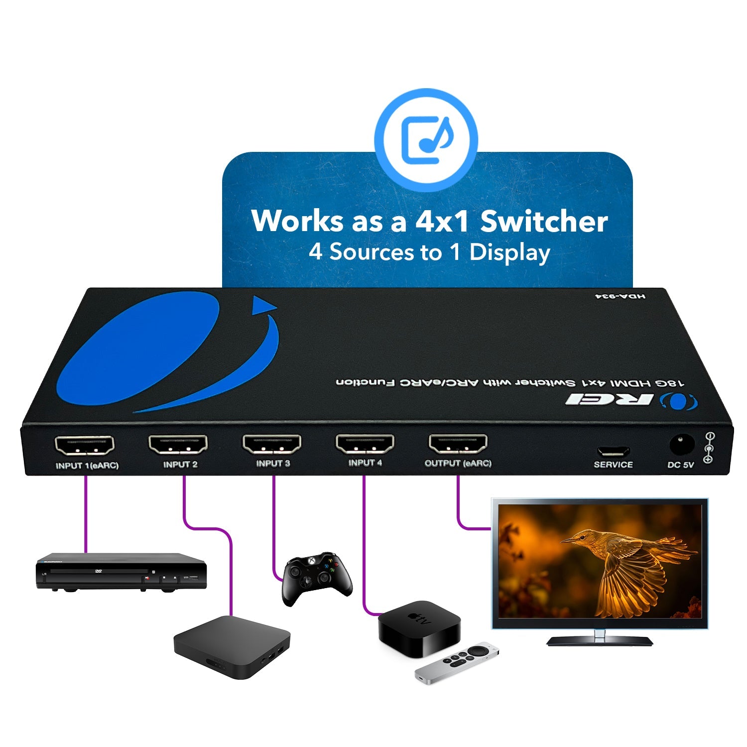 4K HDMI Audio Extractor Switch with ARC/eARC & EDID Management - HDA 934 for Home Theater & Gaming Setup