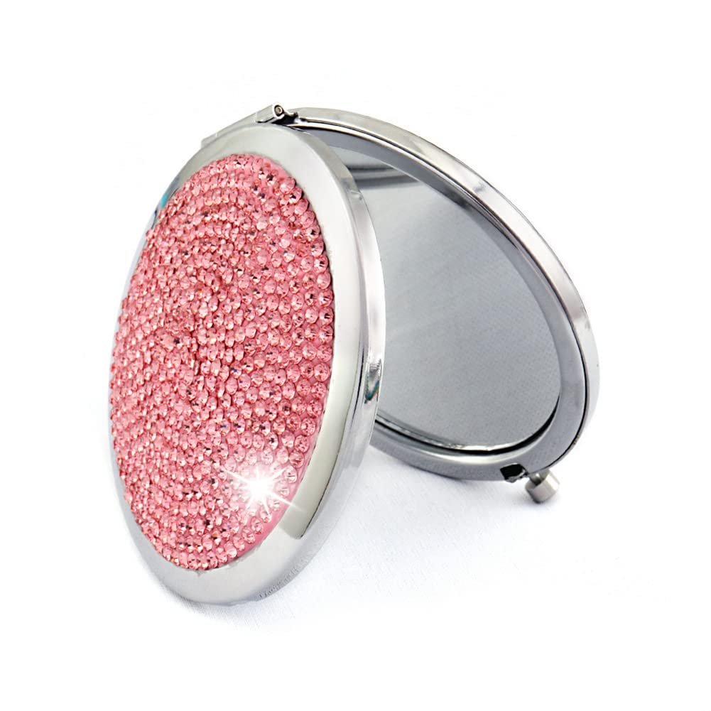 Foldable Vanity Mirror with 1X/2X Magnification - Glitter Rhinestone Handheld Makeup Mirror, Double Sided Portable Cosmetic Mirror for Travel & Home Use - Pink Round Compact Design for Perfect Makeup Application Anywhere