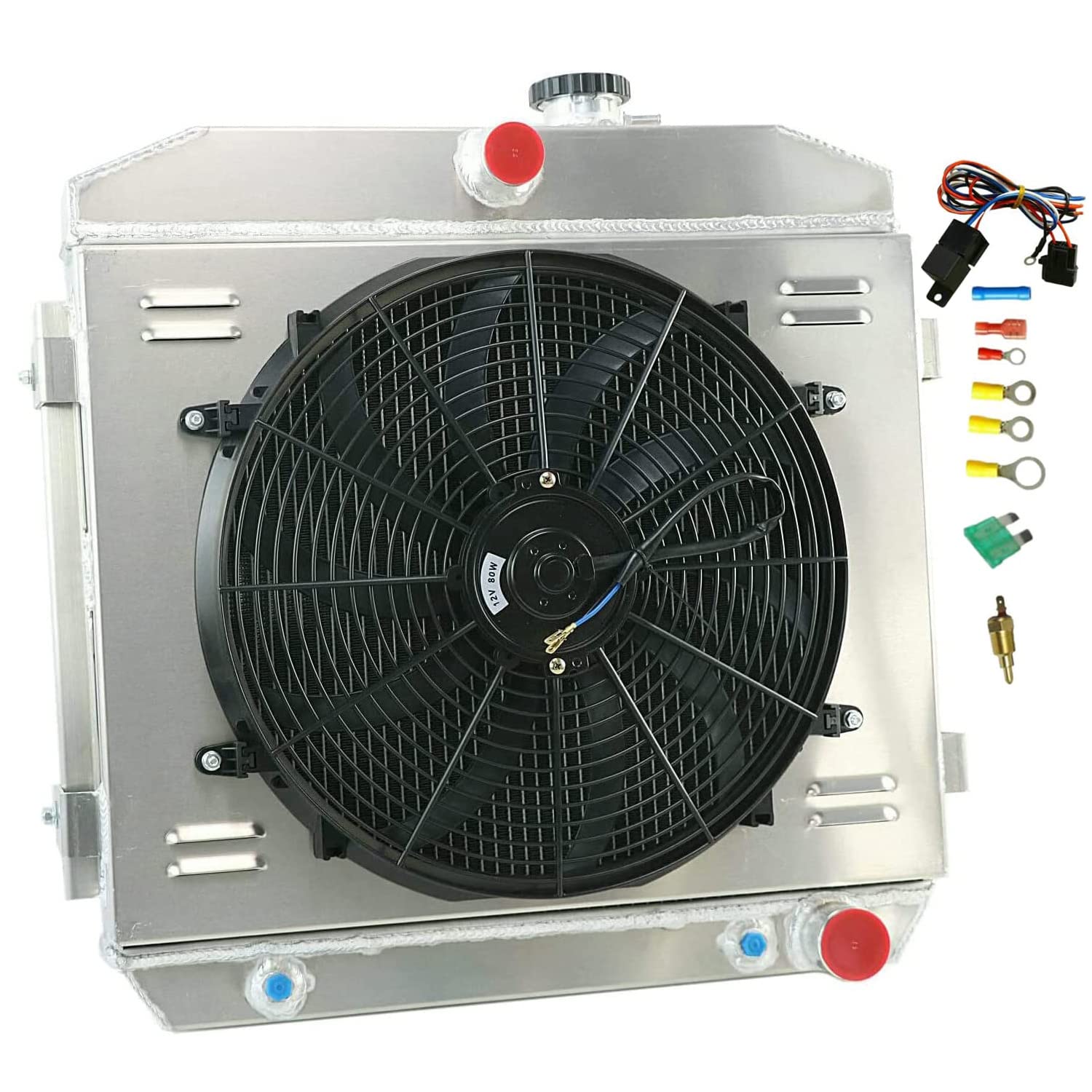 4 Row Aluminum Radiator with Electric Fan Shroud & Thermostat Kit for 1955-1957 Chevy Bel Air, Belair Nomad, 210, 150 V8 MT - High Performance Cooling System for Classic Car Restoration & Hot Rod Upgrades