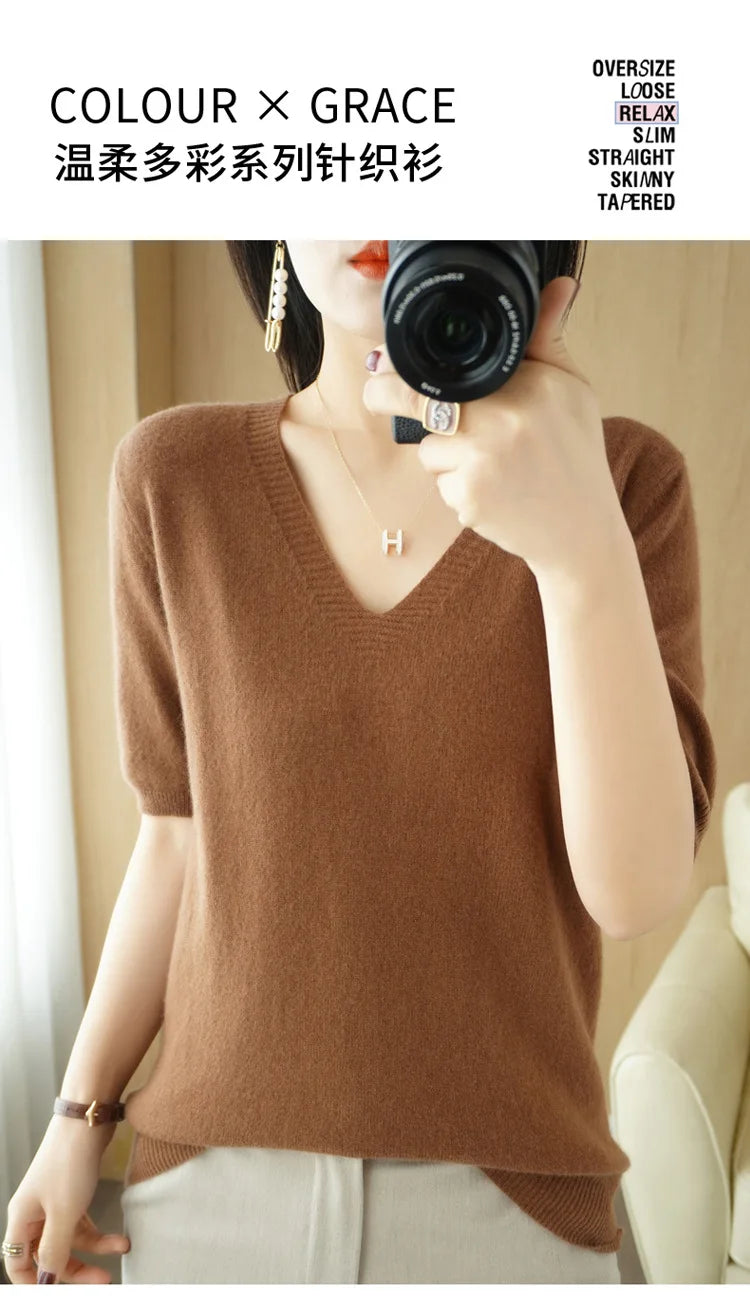 Solid Color V-Neck Half-Sleeve Cashmere Sweater for Women - Soft Thin Knit Casual Top for Office Wear & Fall Layering