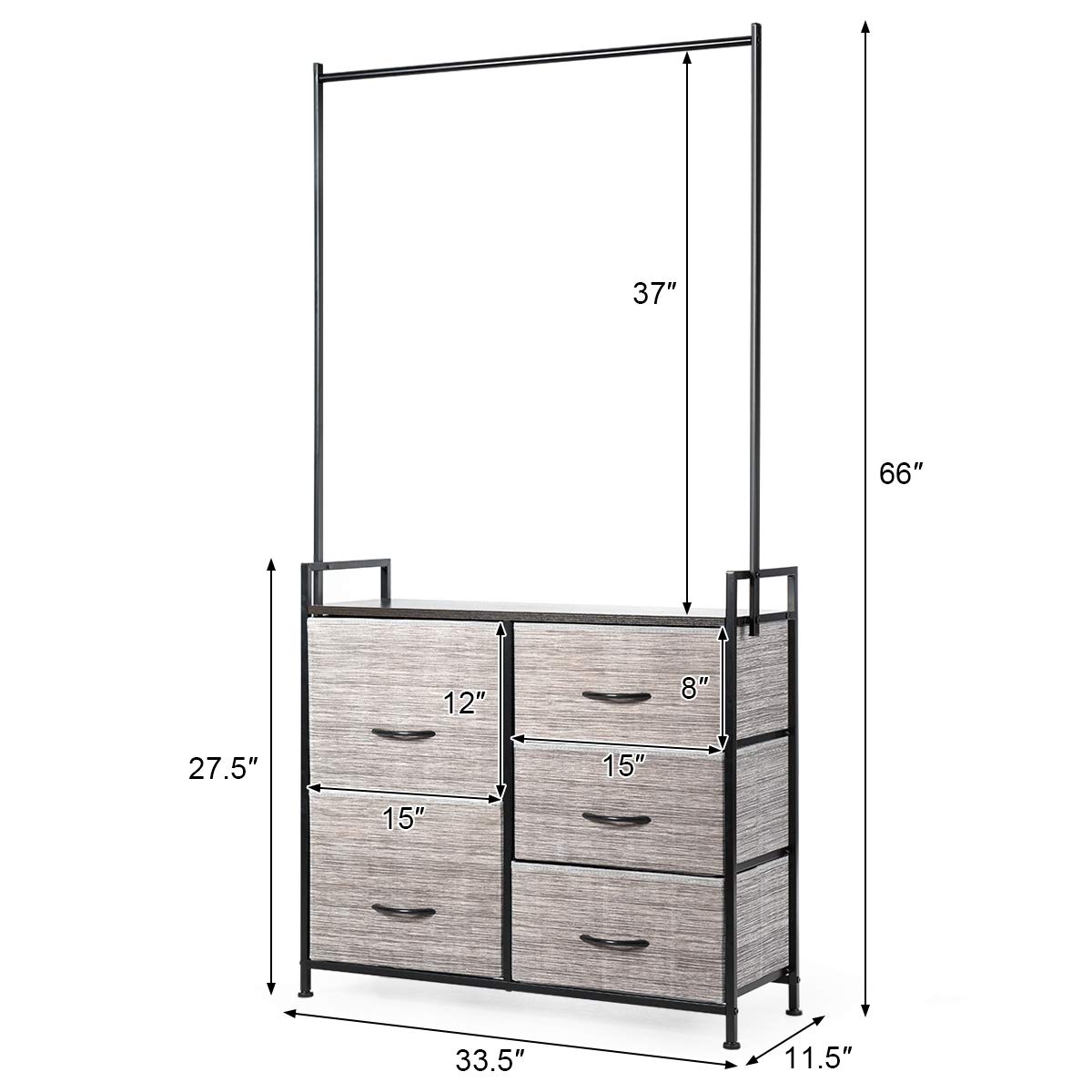 Tangkula 5-Drawer Fabric Dresser with Clothes Rack - Sturdy Metal Frame & Wooden Top Storage Organizer for Bedroom, Closet, Hallway - Perfect for Clothes, Toys, and Home Organization (Gray)