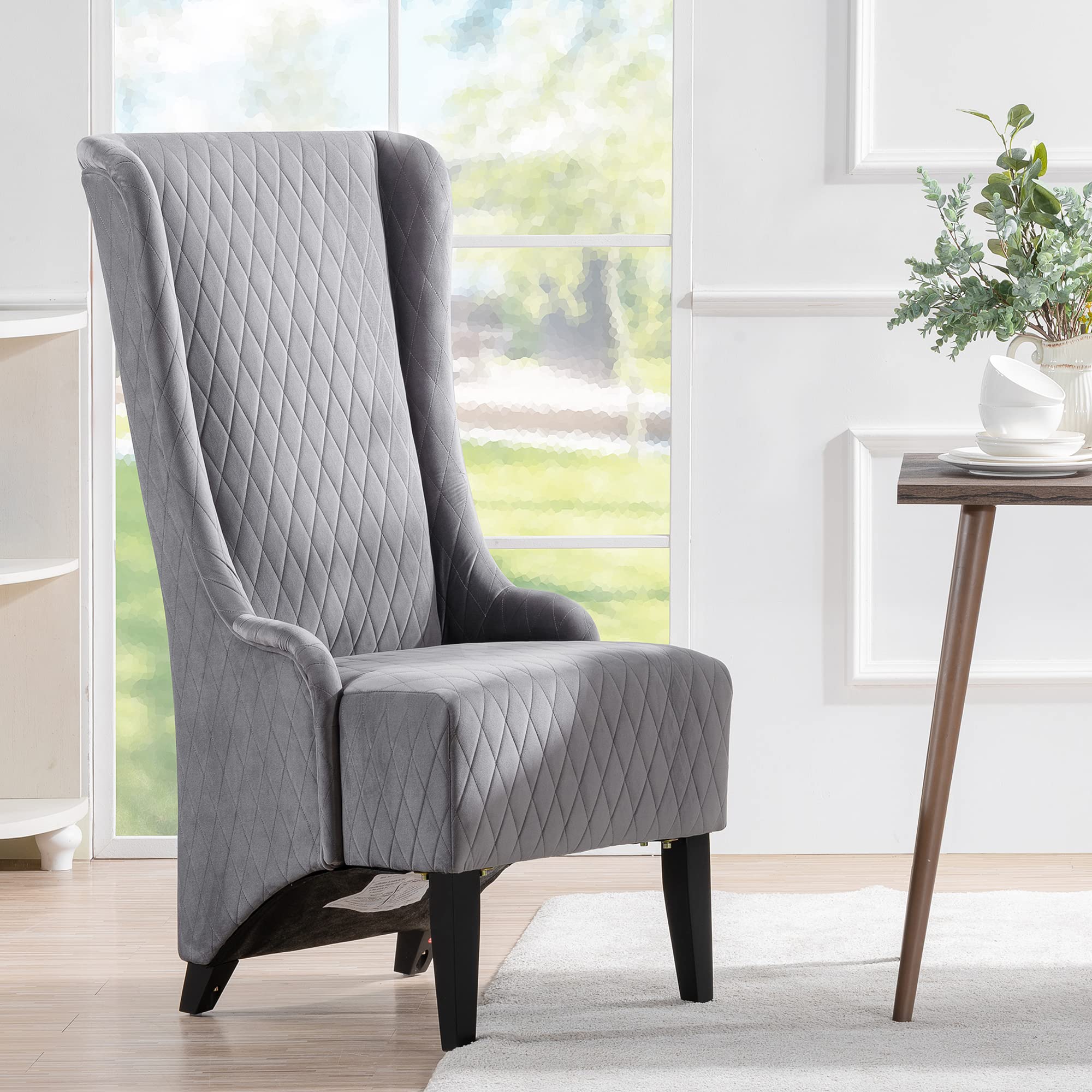 Wing Back Dining Chair - High Back Velvet Upholstered Side Chair for Living Room, Retro Accent Armless Throne Seat in Grey | Perfect for Bedroom, Dining Room, Banquet & Dinner Parties