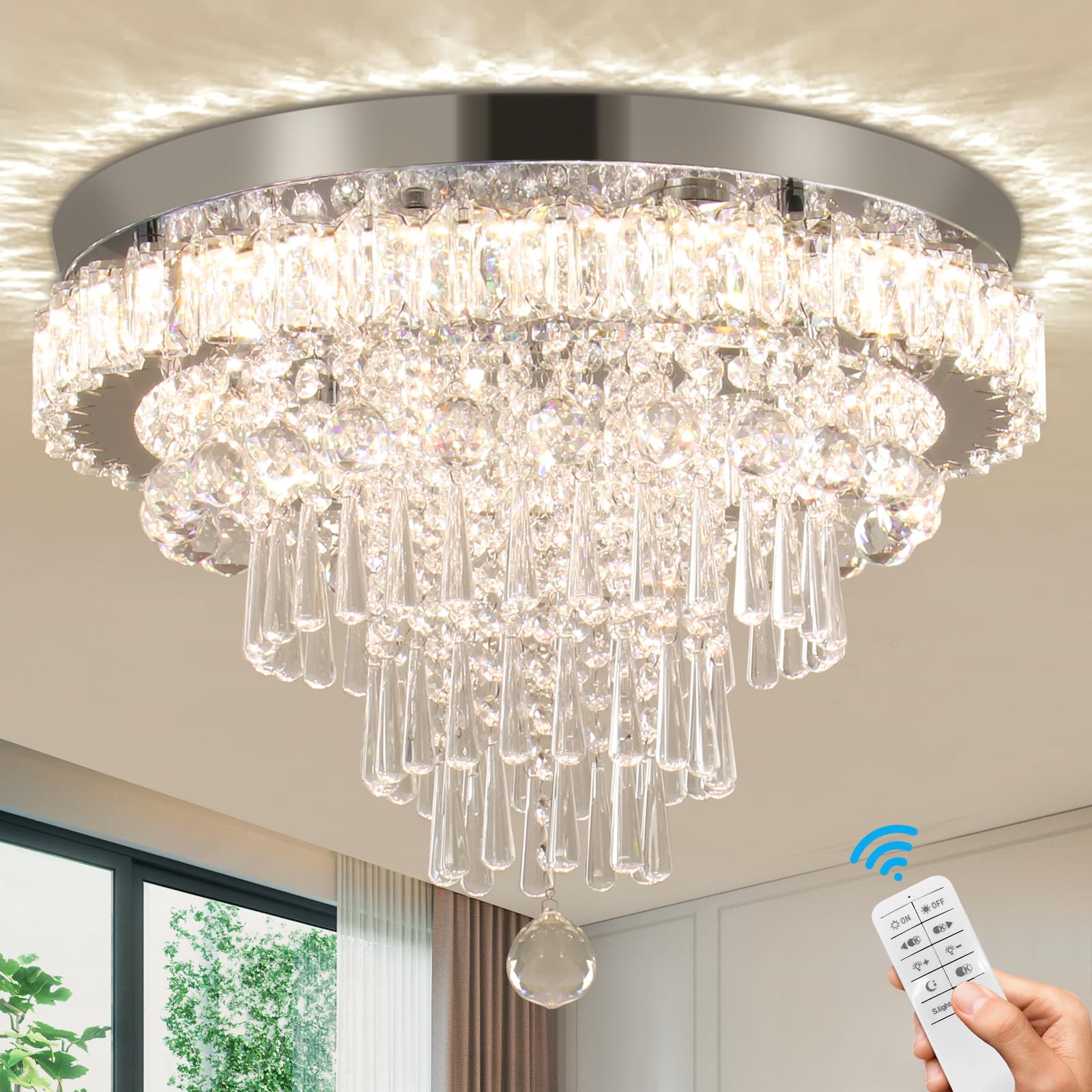 CLAIRDAI Modern Crystal Chandelier - Dimmable LED Flush Mount Ceiling Light with Remote Control & 5-Tier Crystal Drops | Perfect for Hallway, Bedroom, Dining Room, Living Room | Elegant Lighting for Home Decor & Special Occasions