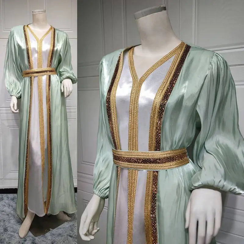 Elegant 2-Piece Eid Dress Set - Hotfix Rhinestone Satin Open Abaya Kaftan with Matching Sleeveless Inner Dress | Perfect for Eid Celebrations, Weddings & Special Occasions