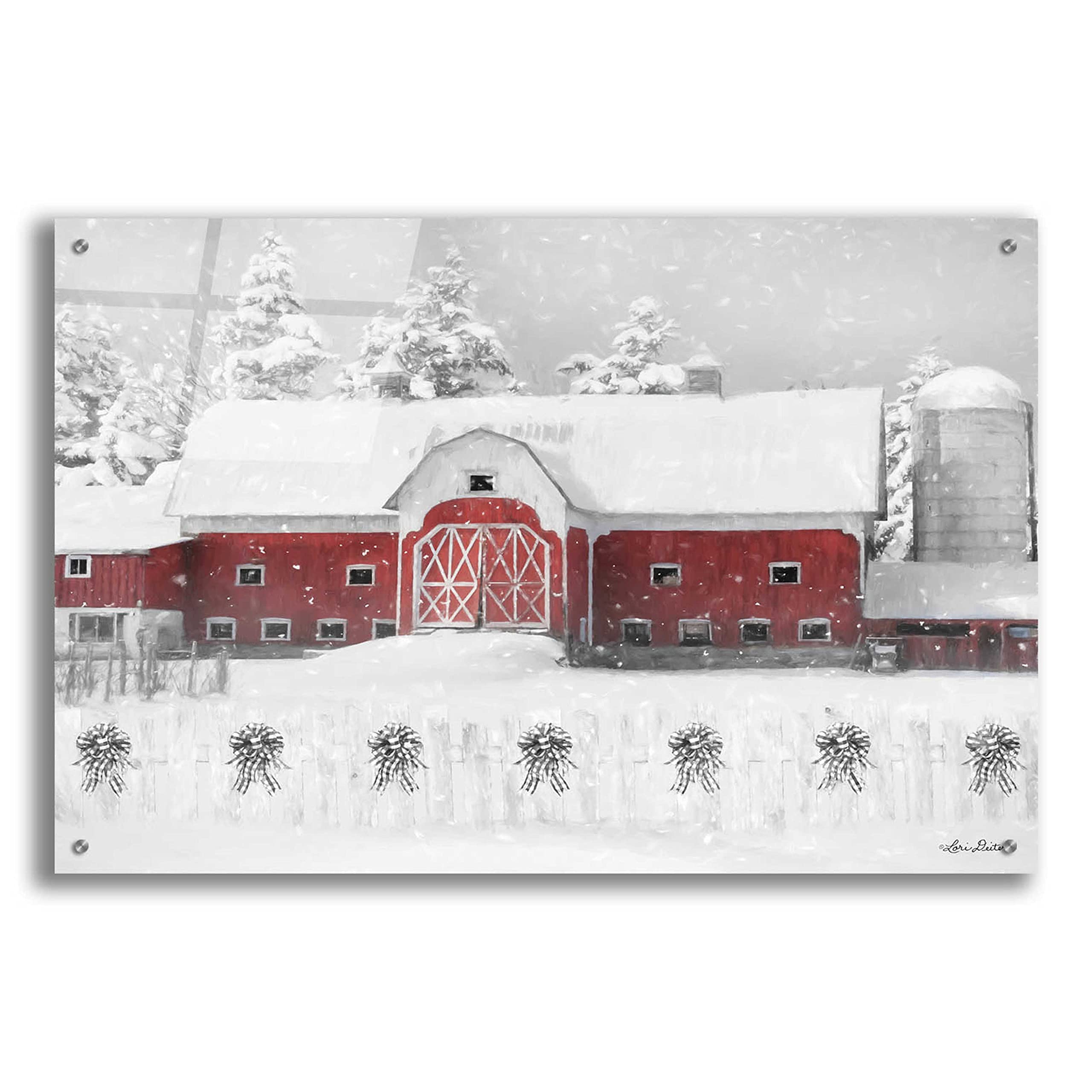 Lori Deiter 'Barn with Fence and Bows' Acrylic Glass Wall Art - 36x24 Inches - Modern Farmhouse Decor for Living Room, Bedroom & Office