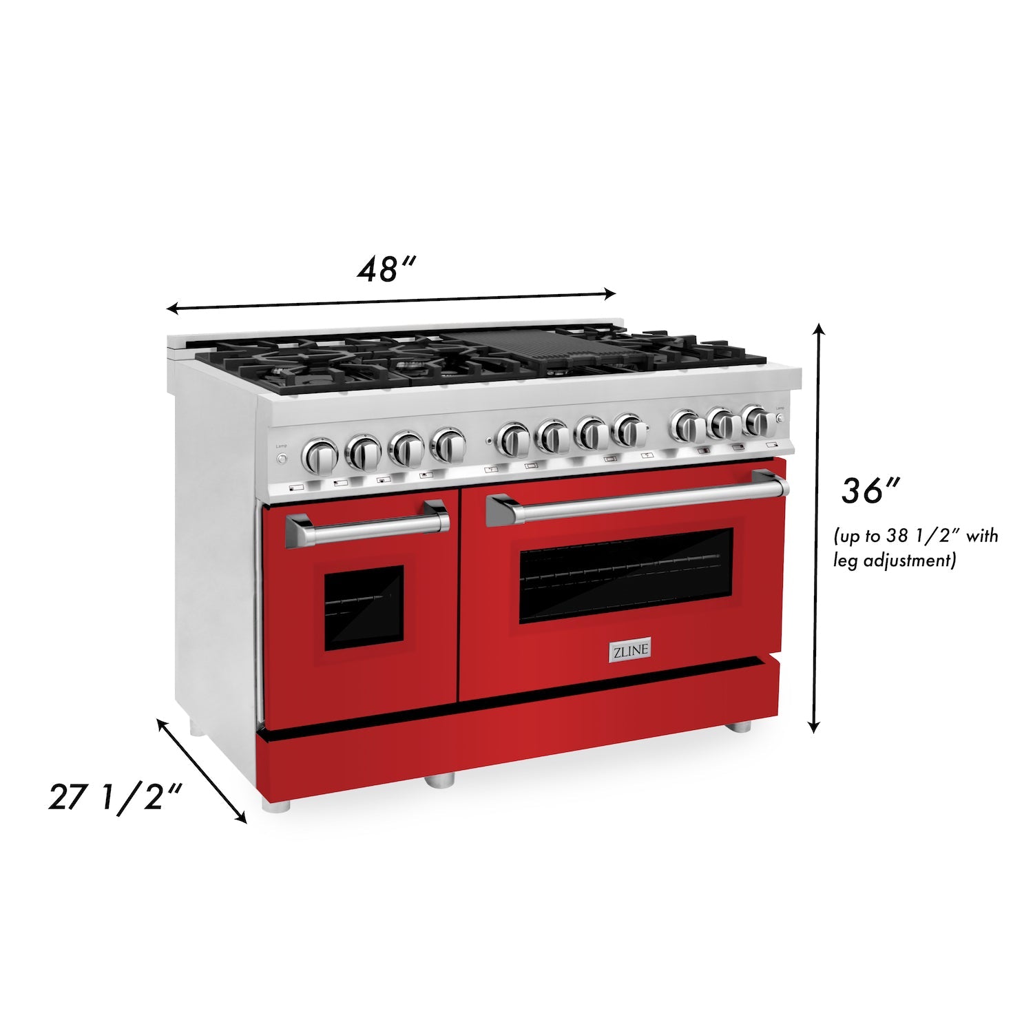 ZLINE 48-inch 6.0 cu. ft. Dual Fuel Range - 7 Burner Gas Cooktop & 2 Electric Ovens - Stainless Steel with Red Matte Doors (RA RM 48) - Perfect for Professional Home Kitchens & Modern Cooking Enthusiasts
