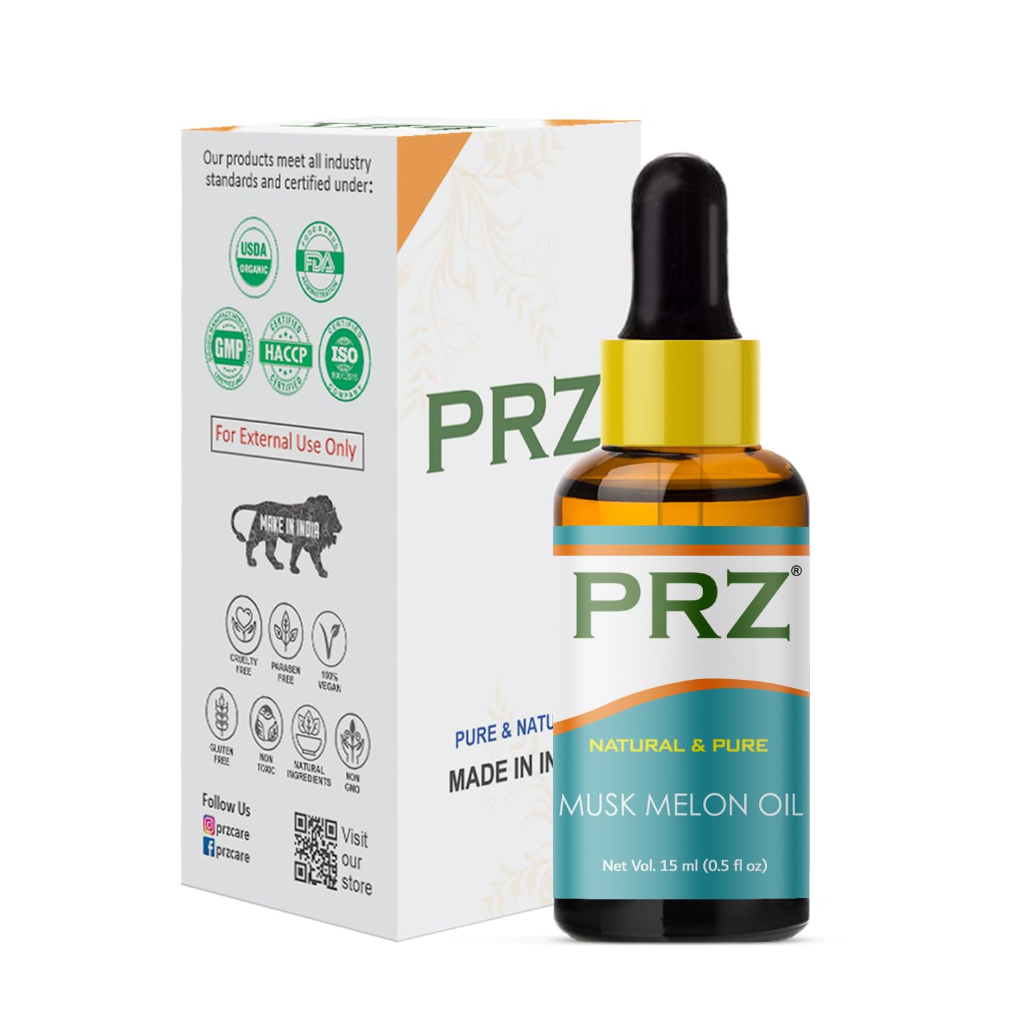 PRZ Musk Melon Cold Pressed Carrier Oil - 100% Pure Natural Therapeutic Grade for Skin & Hair Care, 15ml | Hydrating Facial Oil, Scalp Treatment & Massage Oil for Dry Skin & Damaged Hair