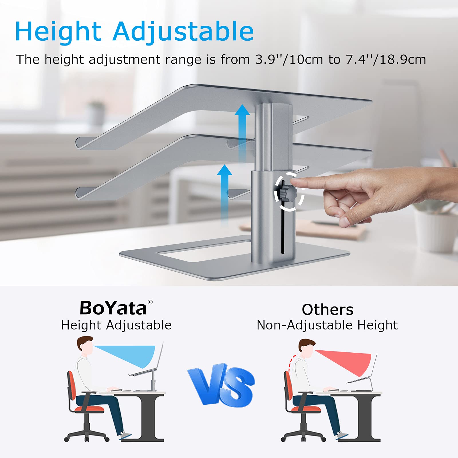 BoYata Adjustable Laptop Stand - Ergonomic Aluminum Computer Riser for MacBook Pro/Air, Dell, Lenovo, HP & Samsung (11-17 Inch) | Portable Desktop Notebook Holder for Home Office, Gaming & Workstation Setup