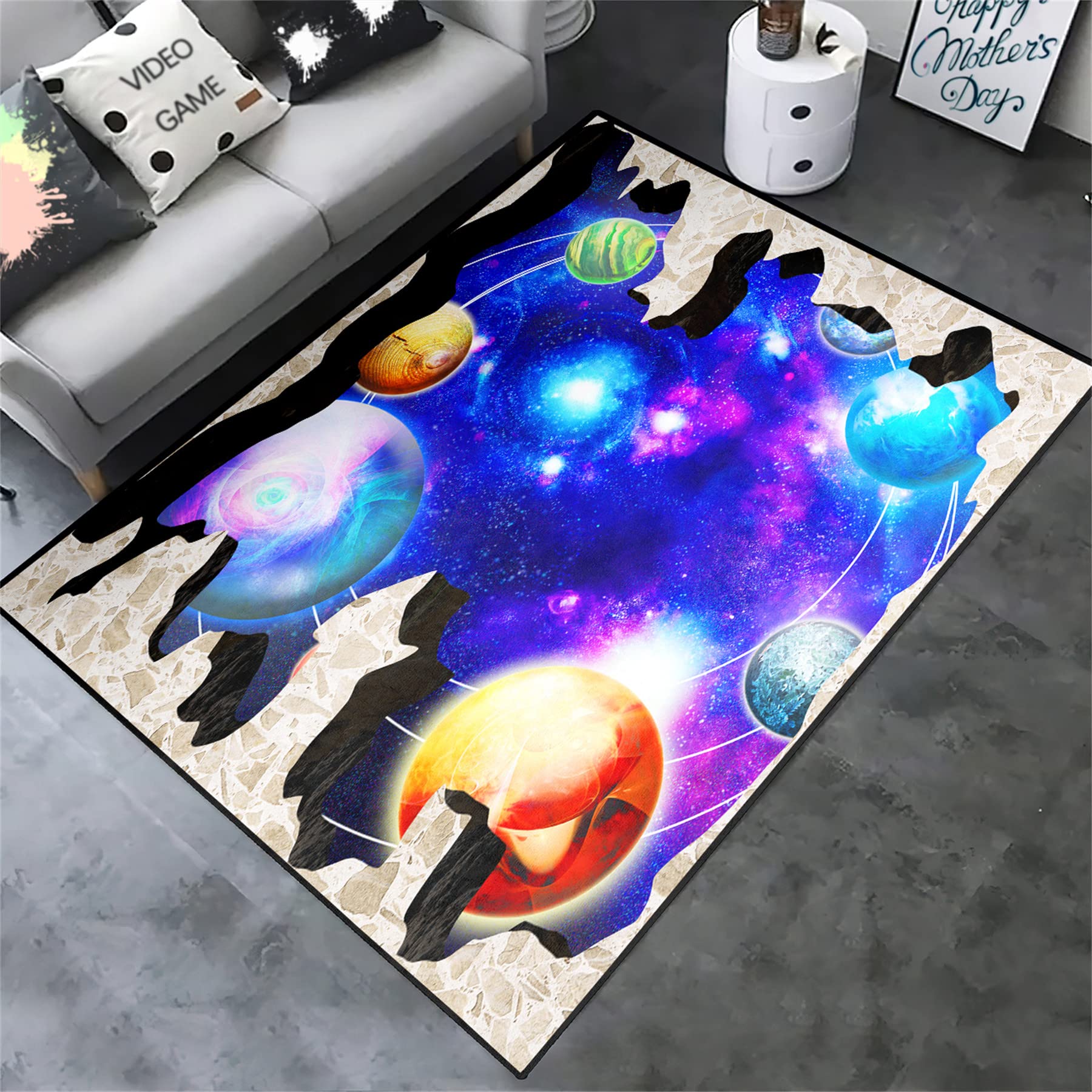 3D Universe Planets Rug - Star System Play Mat for Kids Bedroom & Living Room Decor