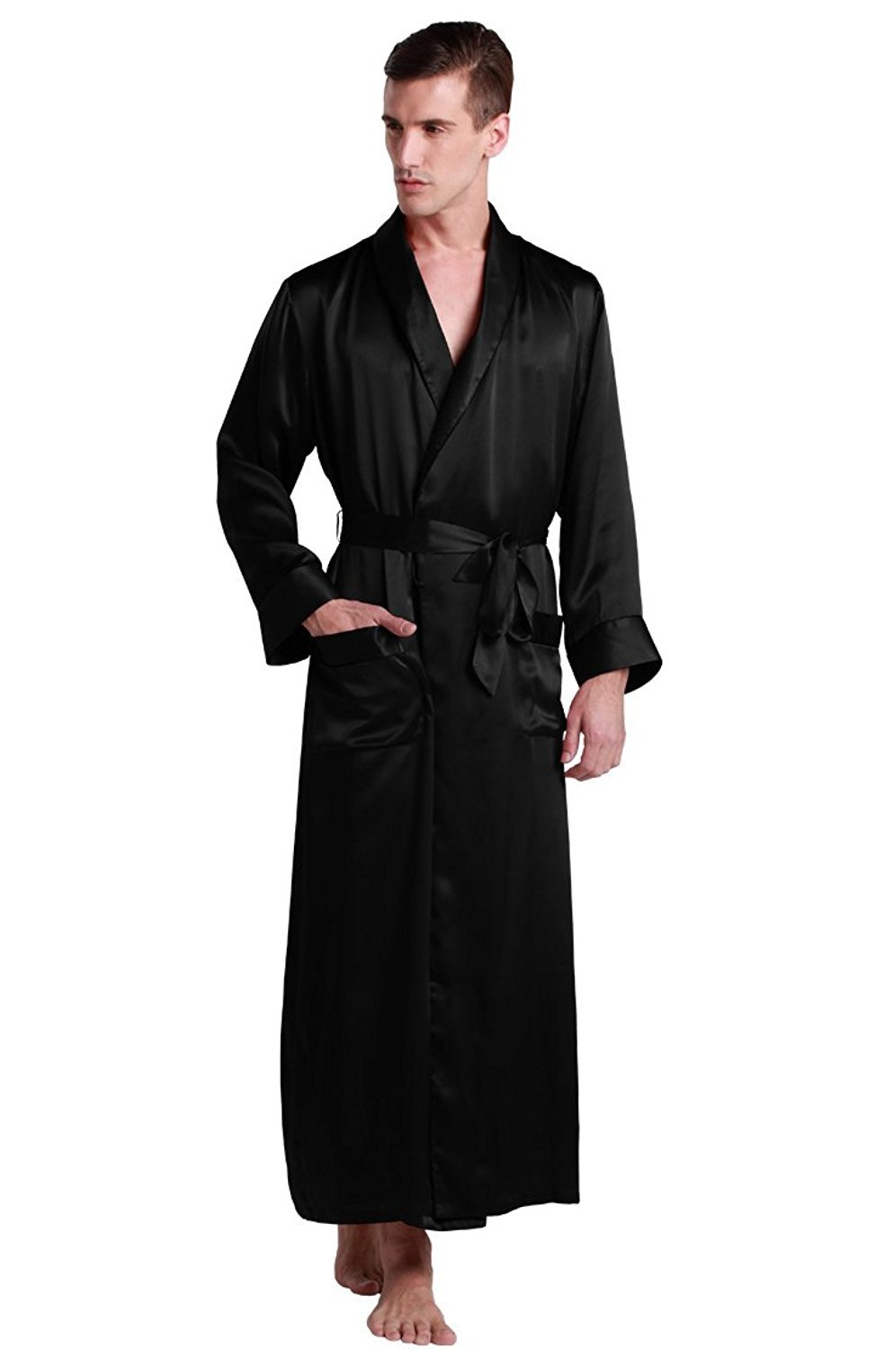 Luxury 100% Pure Silk Men's Robe - 22 Momme Long Bathrobe for Men, Soft & Breathable, Full-Length Contrast Design - Perfect for Spa, Lounging & Relaxation at Home