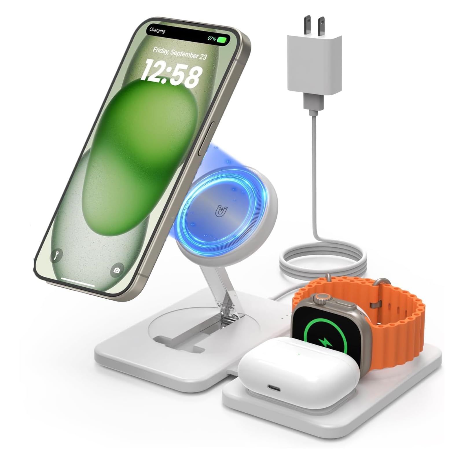 JoyGeek 3-in-1 Magnetic Wireless Charging Station for iPhone 12-16 Pro/Max - Foldable Fast Charger Stand with 18W PD - Portable Travel Dock for iPhone, Apple Watch & AirPods - Perfect for Home, Office & Travel Use