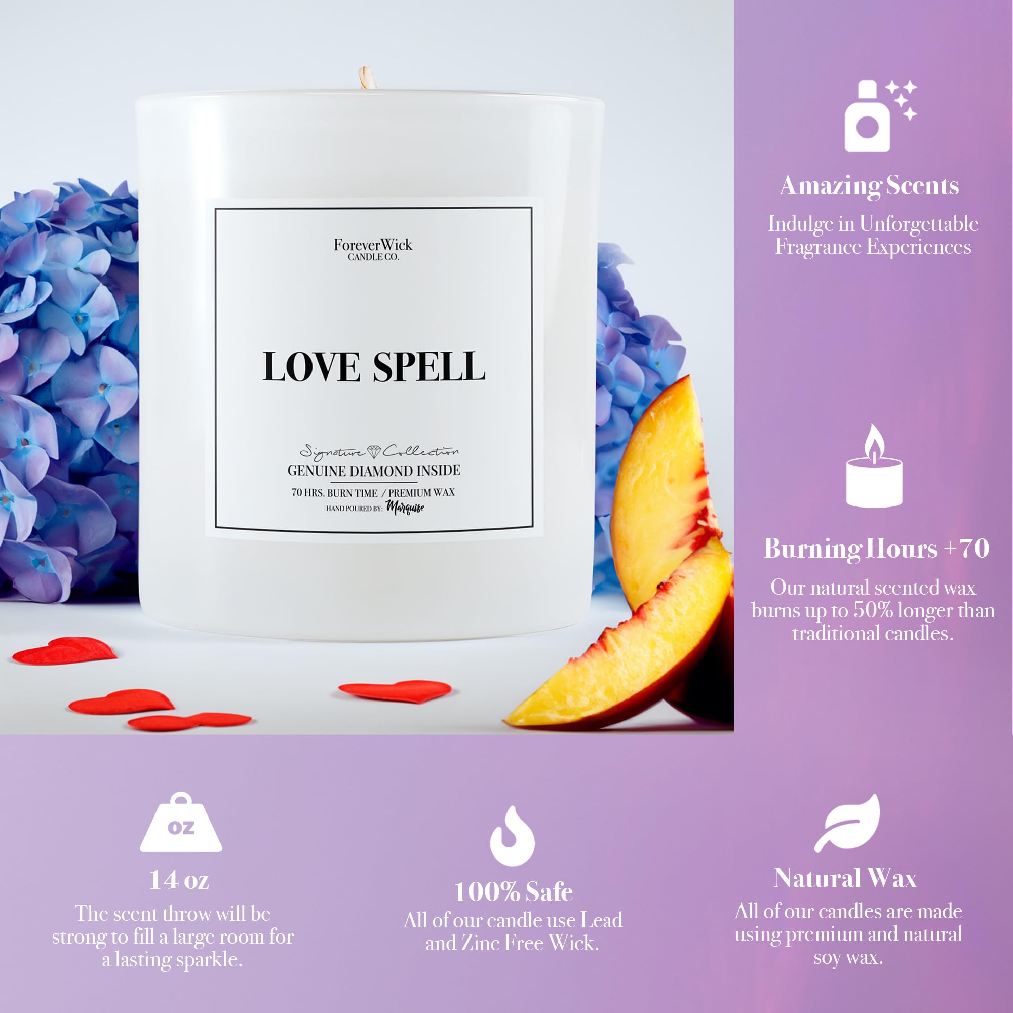 Love Spell Surprise Candle with Real Diamond Inside - Foreverwick Scented Soy Candle Gift for Women - 14oz All-Natural Organic Romantic Candle (70h Burn Time) - Perfect for Anniversaries, Valentine's Day & Romantic Surprises