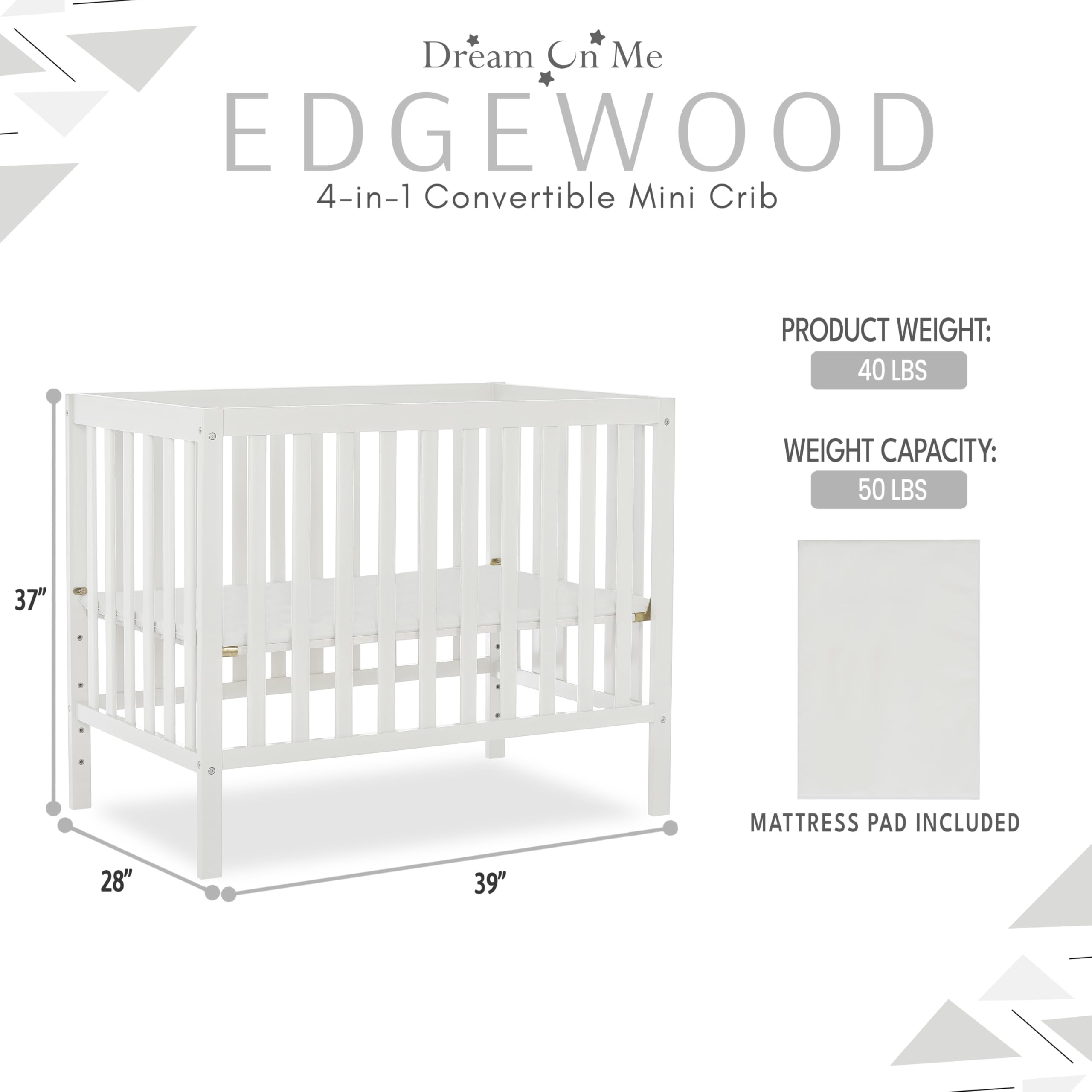 Dream On Me Edgewood 4-in-1 Convertible Mini Crib - White | JPMA Certified, Non-Toxic Finish, New Zealand Pinewood | 3 Adjustable Mattress Heights with 1