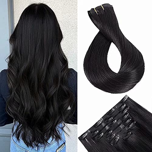 Maxfull Black Seamless Clip-In Human Hair Extensions - 7Pcs 20Inch 115g Silicone Base Invisi-PU Remy Hair for Natural Volume & Length - Perfect for Parties, Weddings & Daily Styling