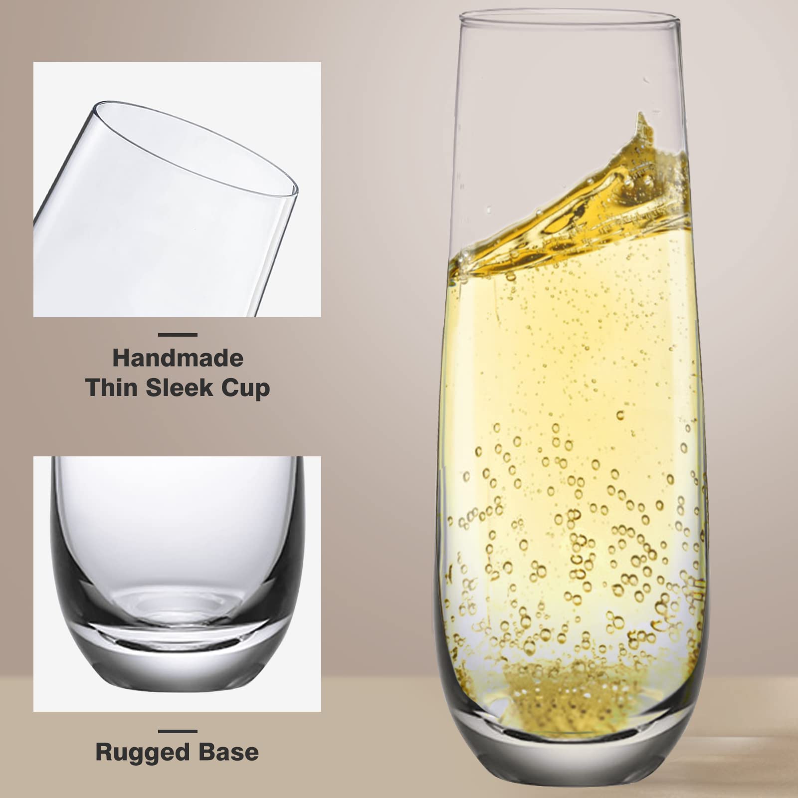 Premium Hand Blown Crystal Stemless Champagne Flutes Set of 4 - 10.2oz Elegant Prosecco, Cocktail & Mimosa Glasses for Wedding, Party & Home Bar Entertaining