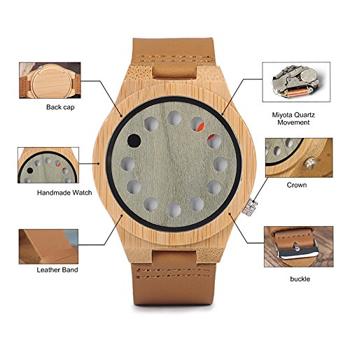 BOBO BIRD Men's Bamboo Wooden Watch - Black Genuine Leather Strap with 12 Holes, Minimalist Wood Grain Design for Casual & Sports Wear - Perfect for Outdoor Activities, Office & Everyday Use
