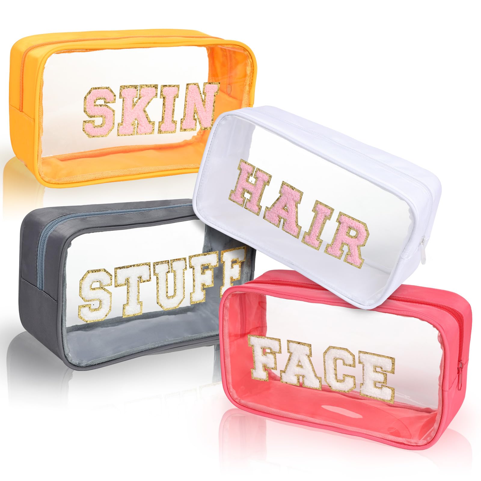 Antimbee 4 Pack Clear Travel Cosmetic Bags with Zipper - Chenille Letter Pouch for Hair, Face & Skin Care - Makeup Organizer for Women & Girls - Perfect for Vacation, Gym & Daily Essentials Storage